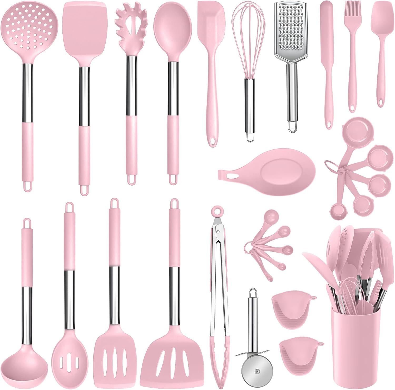 imageEfar Silicone Cooking Utensils Set 7 Pcs Heat Resistant Kitchen Utensils with Stainless Steel Handle Slotted Turner Spoon Soup Ladle Pasta Server Skimmer Tongs for Nonstick Cookware BlackPink