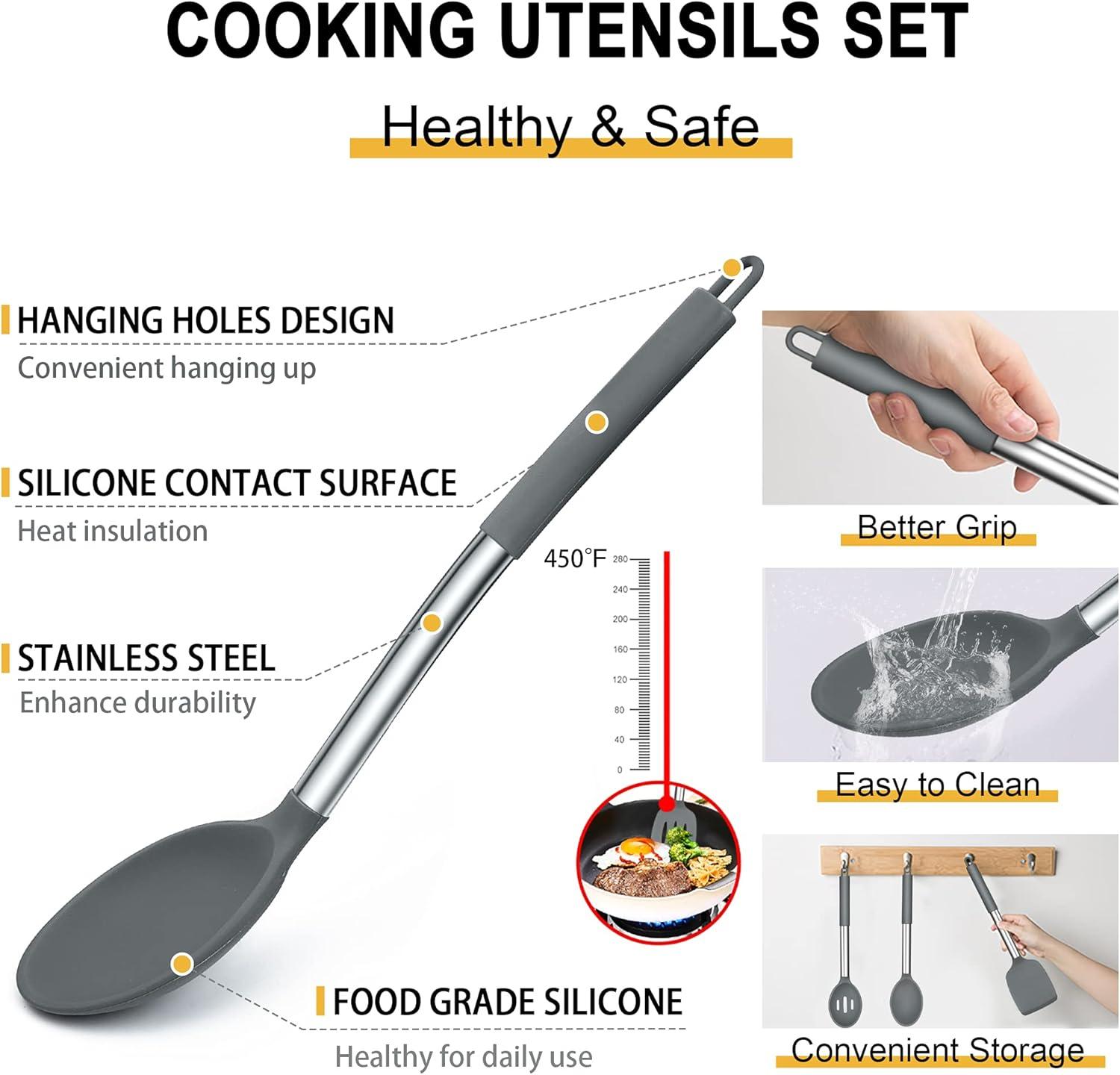 imageEfar Silicone Cooking Utensils Set 7 Pcs Heat Resistant Kitchen Utensils with Stainless Steel Handle Slotted Turner Spoon Soup Ladle Pasta Server Skimmer Tongs for Nonstick Cookware BlackGray