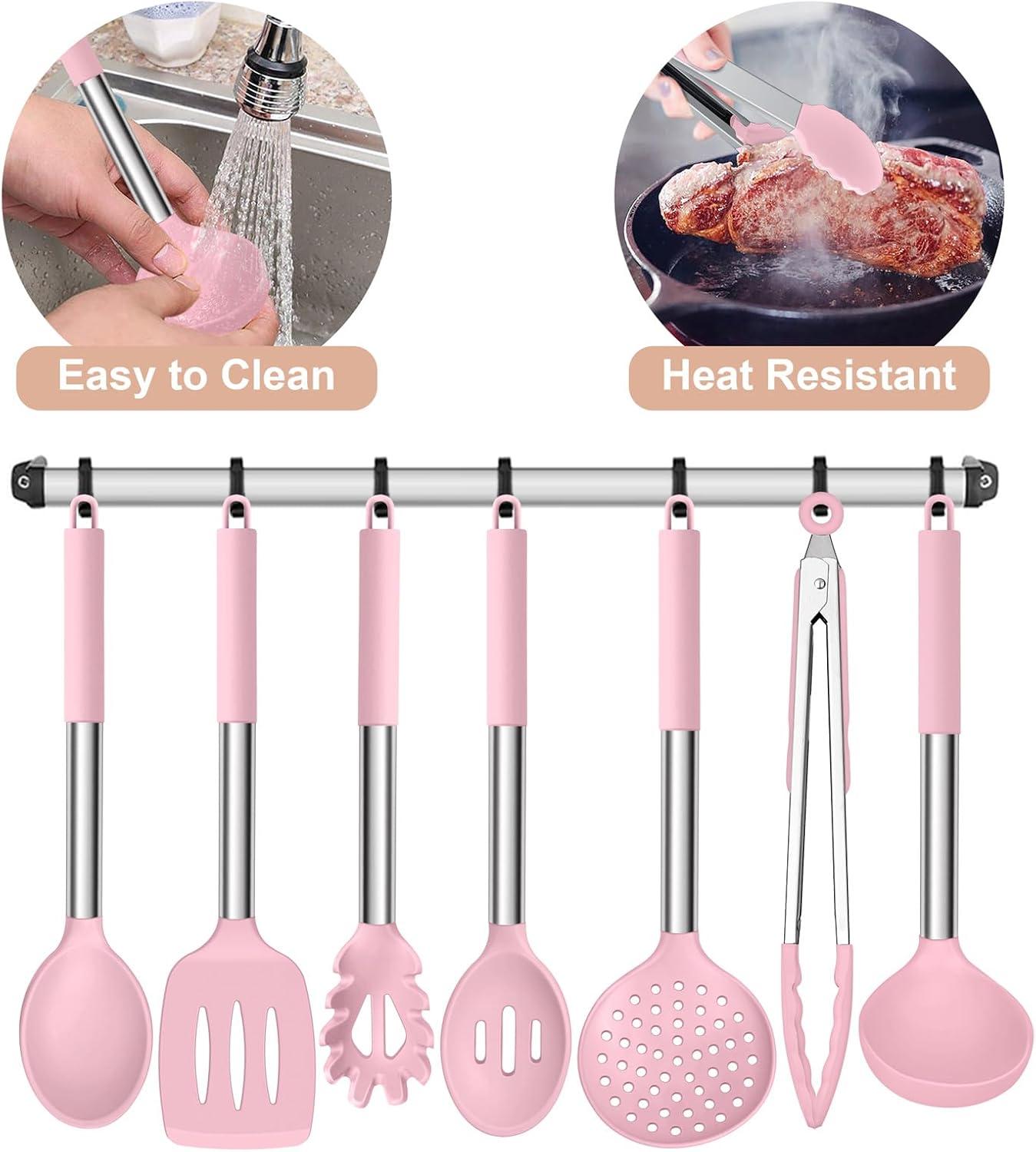 imageEfar Silicone Cooking Utensils Set 7 Pcs Heat Resistant Kitchen Utensils with Stainless Steel Handle Slotted Turner Spoon Soup Ladle Pasta Server Skimmer Tongs for Nonstick Cookware BlackPink