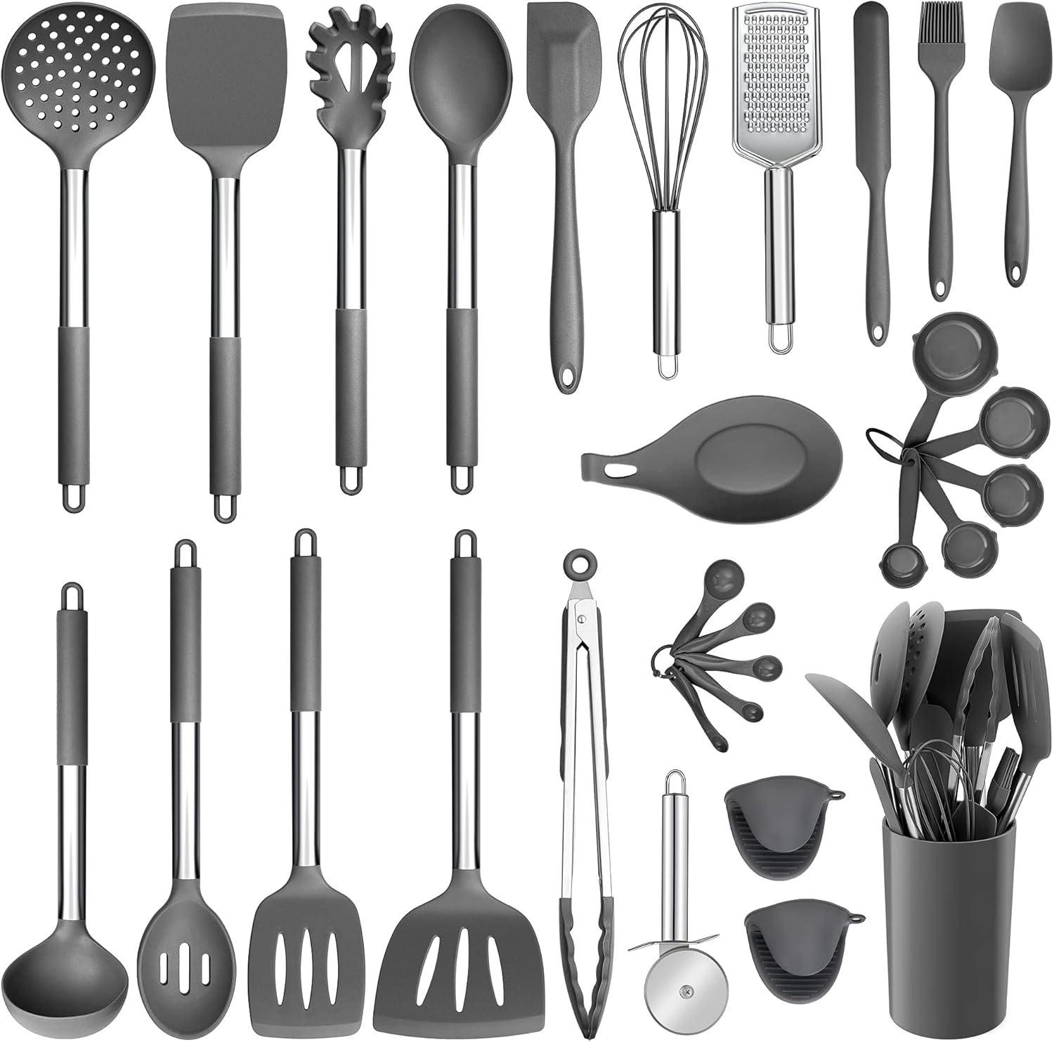 imageEfar Silicone Cooking Utensils Set 7 Pcs Heat Resistant Kitchen Utensils with Stainless Steel Handle Slotted Turner Spoon Soup Ladle Pasta Server Skimmer Tongs for Nonstick Cookware BlackGray