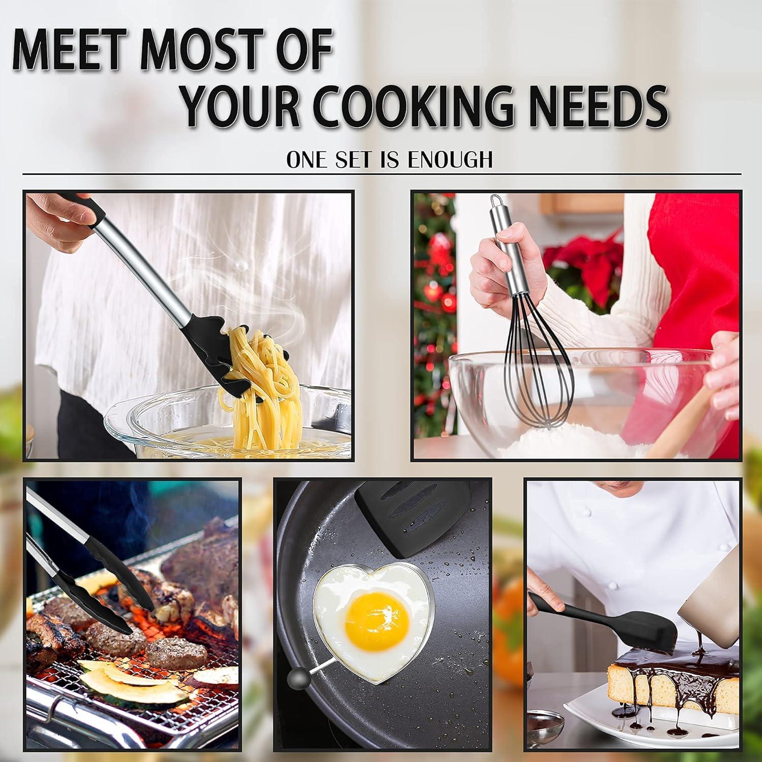 imageEfar Silicone Cooking Utensils Set 7 Pcs Heat Resistant Kitchen Utensils with Stainless Steel Handle Slotted Turner Spoon Soup Ladle Pasta Server Skimmer Tongs for Nonstick Cookware BlackBlack