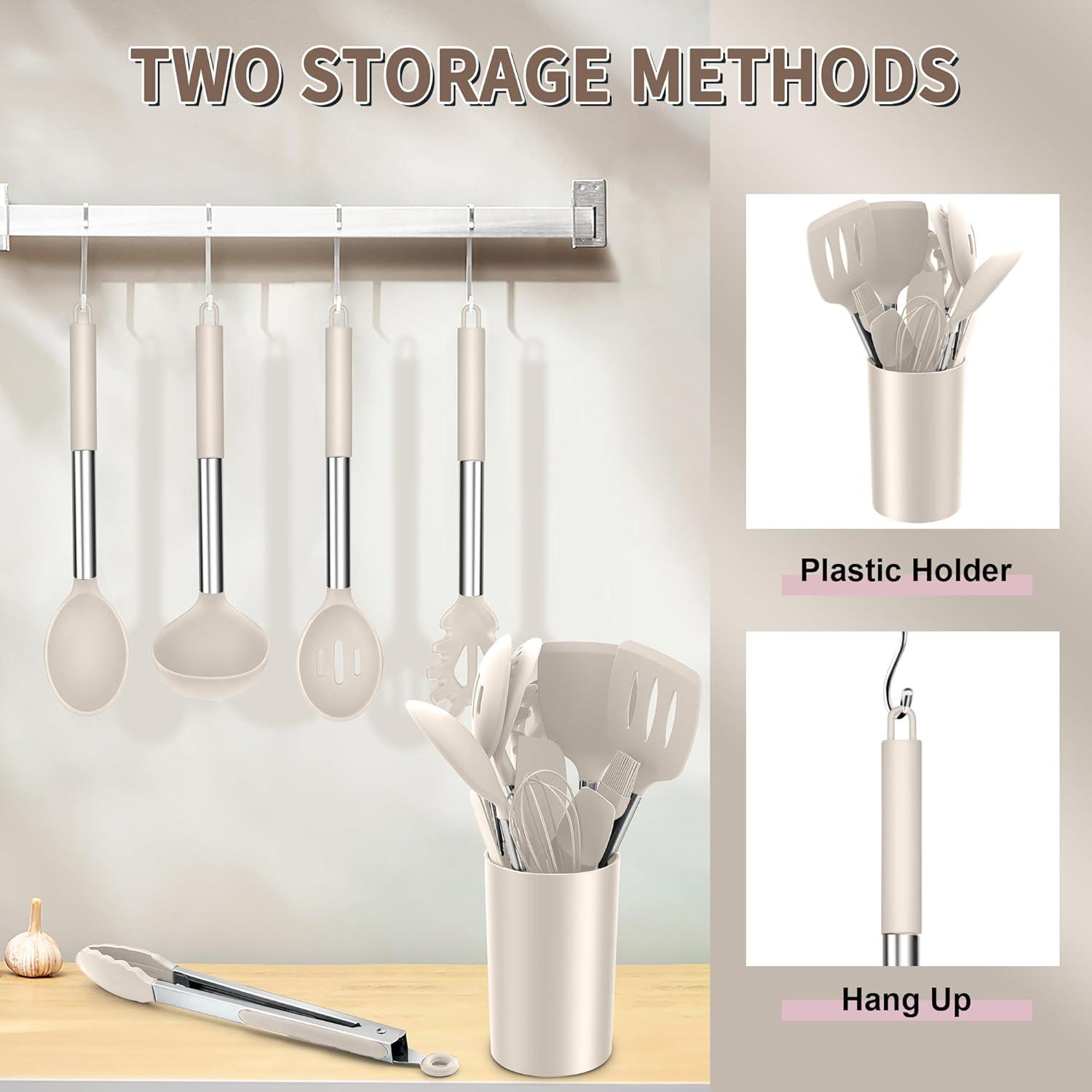 imageEfar Silicone Cooking Utensils Set 7 Pcs Heat Resistant Kitchen Utensils with Stainless Steel Handle Slotted Turner Spoon Soup Ladle Pasta Server Skimmer Tongs for Nonstick Cookware BlackKhaki