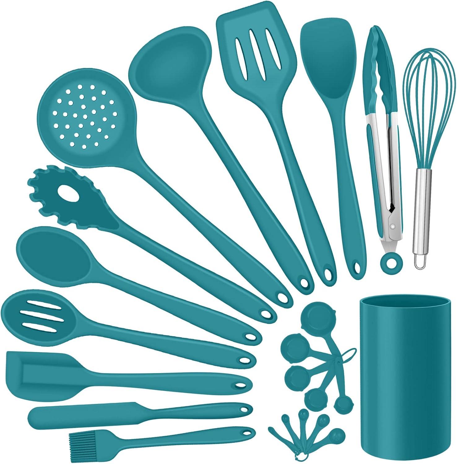 imageEfar Silicone Cooking Utensils Set 7Piece Black Heat Resistant Kitchen Utensils Set Kitchen Nonstick Tools Spatula Ladle Spoon Pasta Server for Nonstick Cookware NonToxic amp Dishwasher safeBlue