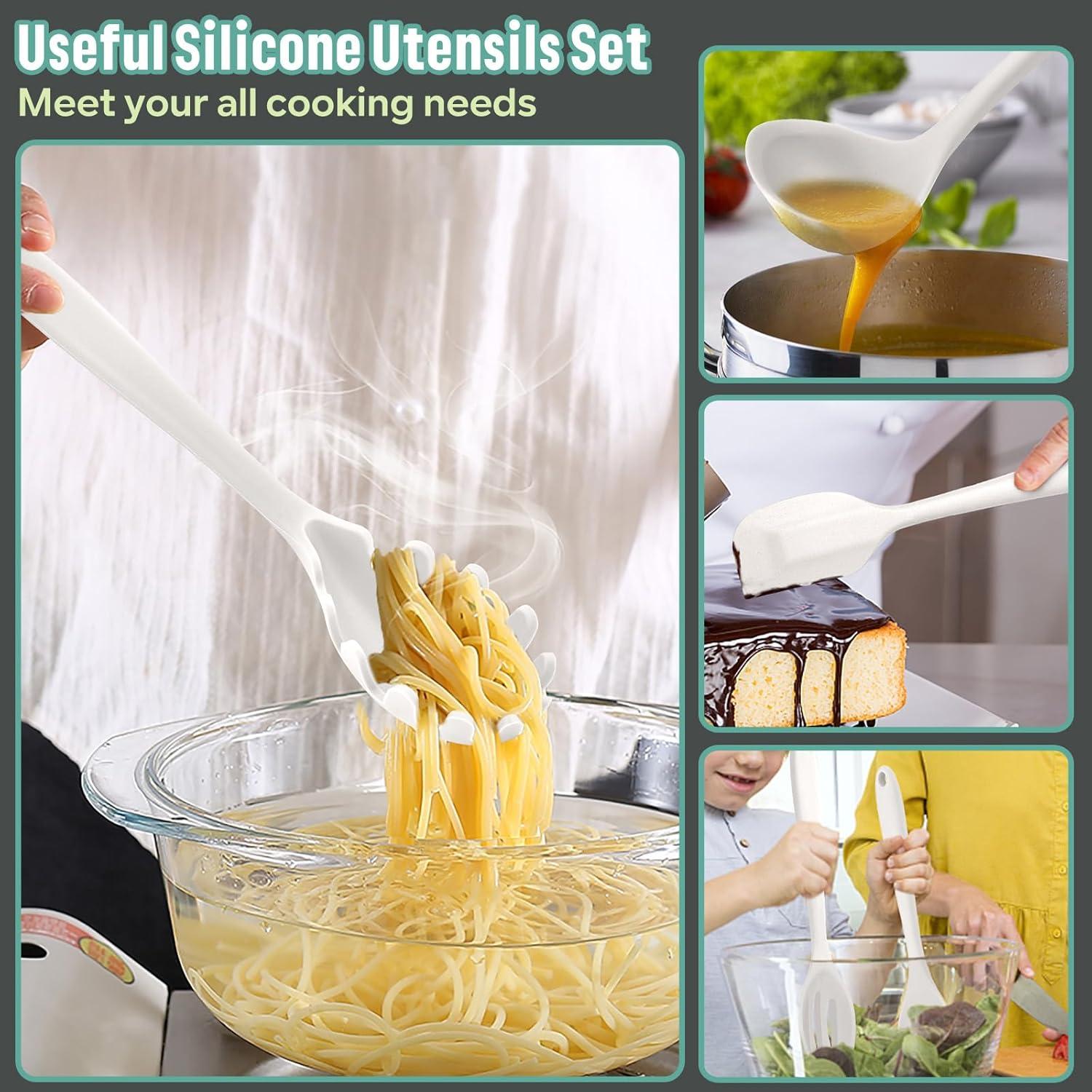 imageEfar Silicone Cooking Utensils Set 7Piece Black Heat Resistant Kitchen Utensils Set Kitchen Nonstick Tools Spatula Ladle Spoon Pasta Server for Nonstick Cookware NonToxic amp Dishwasher safeWhite