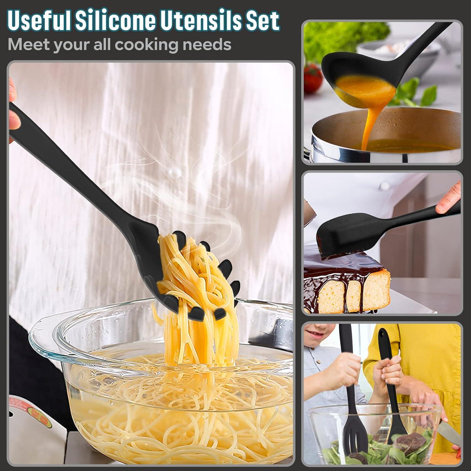 imageEfar Silicone Cooking Utensils Set 7Piece Black Heat Resistant Kitchen Utensils Set Kitchen Nonstick Tools Spatula Ladle Spoon Pasta Server for Nonstick Cookware NonToxic amp Dishwasher safeBlack