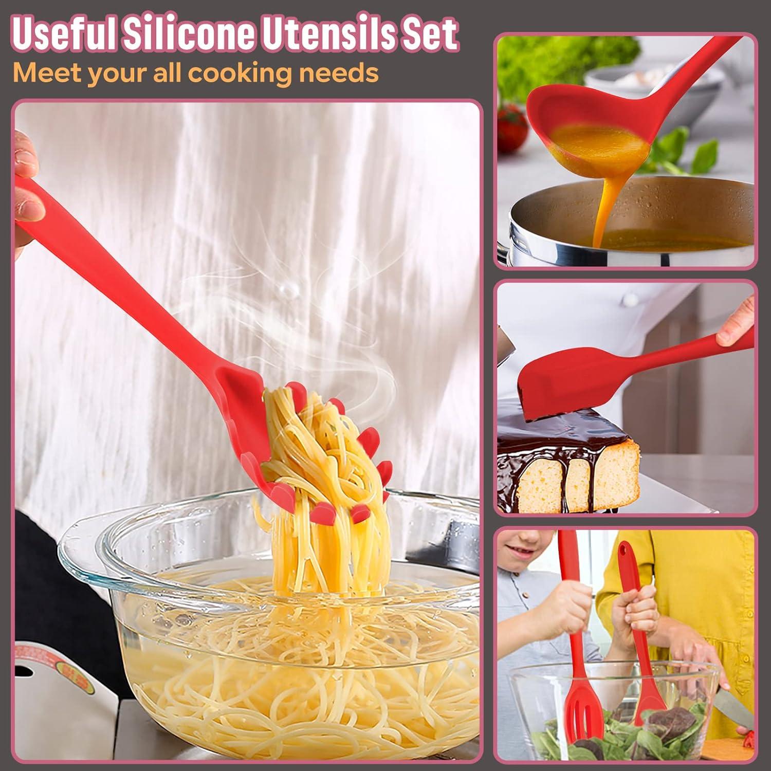 imageEfar Silicone Cooking Utensils Set 7Piece Black Heat Resistant Kitchen Utensils Set Kitchen Nonstick Tools Spatula Ladle Spoon Pasta Server for Nonstick Cookware NonToxic amp Dishwasher safeRed