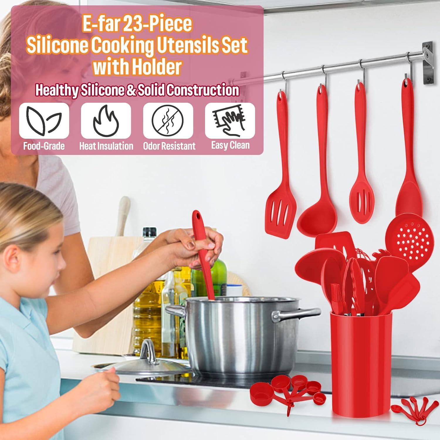 imageEfar Silicone Cooking Utensils Set 7Piece Black Heat Resistant Kitchen Utensils Set Kitchen Nonstick Tools Spatula Ladle Spoon Pasta Server for Nonstick Cookware NonToxic amp Dishwasher safeRed