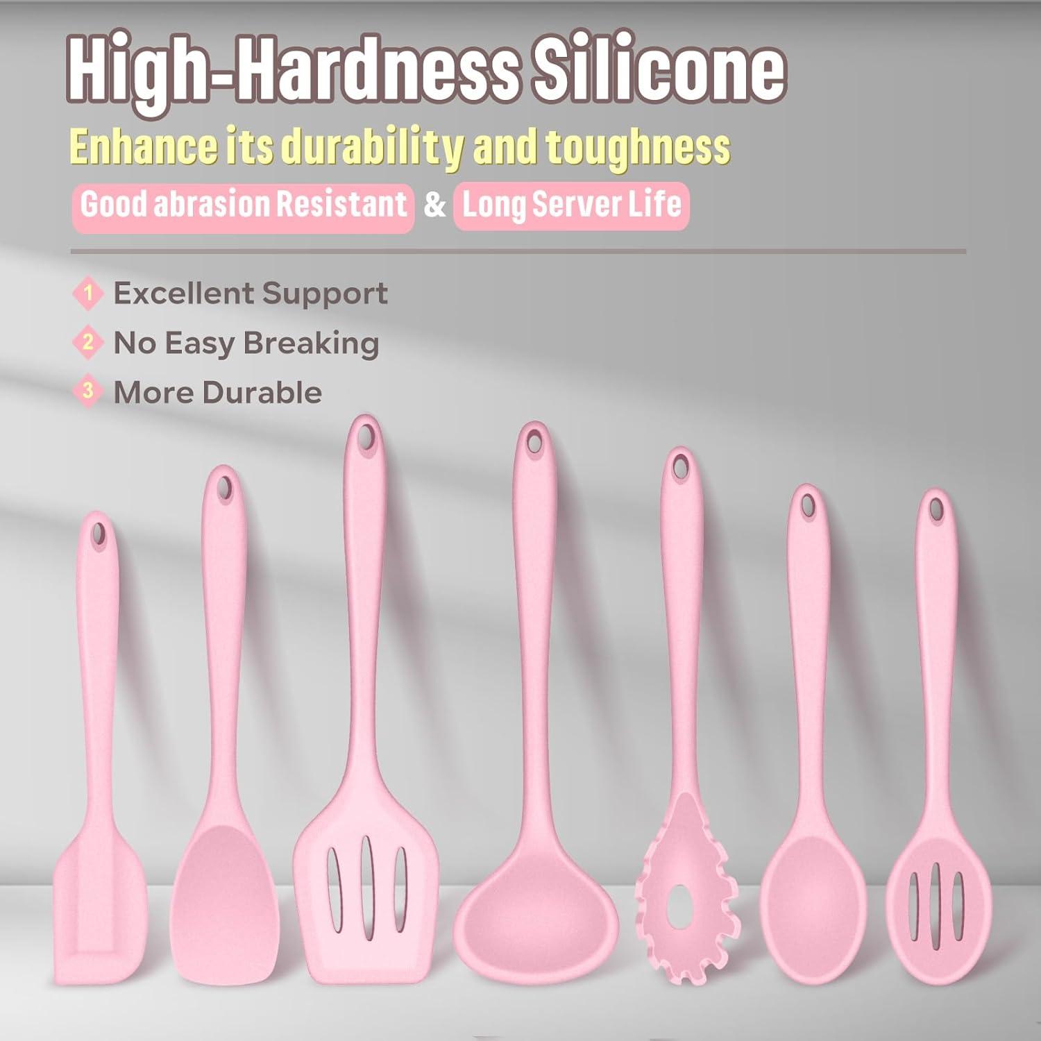 imageEfar Silicone Cooking Utensils Set 7Piece Black Heat Resistant Kitchen Utensils Set Kitchen Nonstick Tools Spatula Ladle Spoon Pasta Server for Nonstick Cookware NonToxic amp Dishwasher safePink