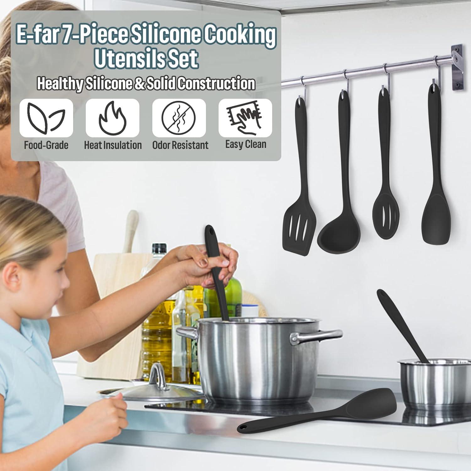 imageEfar Silicone Cooking Utensils Set 7Piece Black Heat Resistant Kitchen Utensils Set Kitchen Nonstick Tools Spatula Ladle Spoon Pasta Server for Nonstick Cookware NonToxic amp Dishwasher safeBlack
