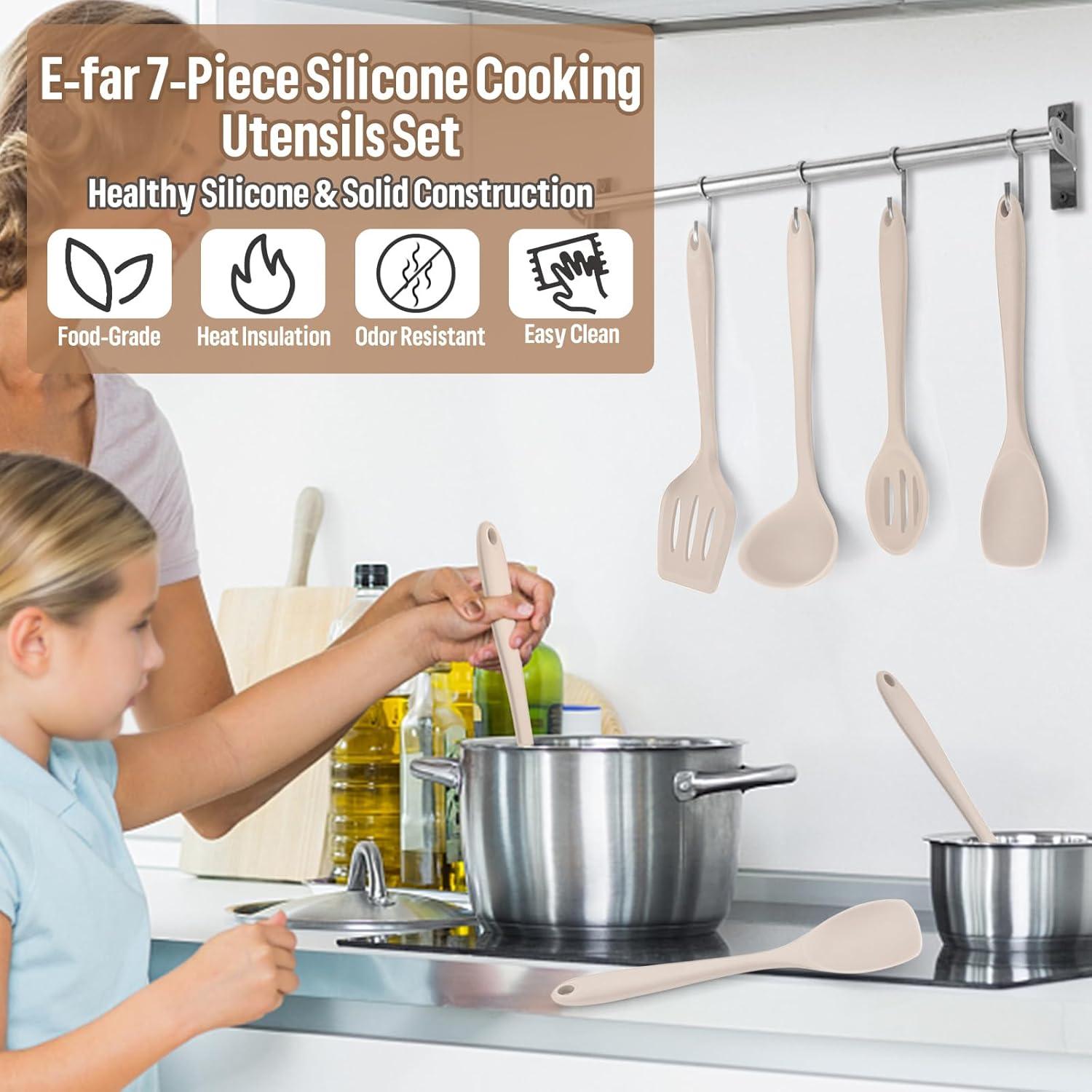 imageEfar Silicone Cooking Utensils Set 7Piece Black Heat Resistant Kitchen Utensils Set Kitchen Nonstick Tools Spatula Ladle Spoon Pasta Server for Nonstick Cookware NonToxic amp Dishwasher safeKhaki