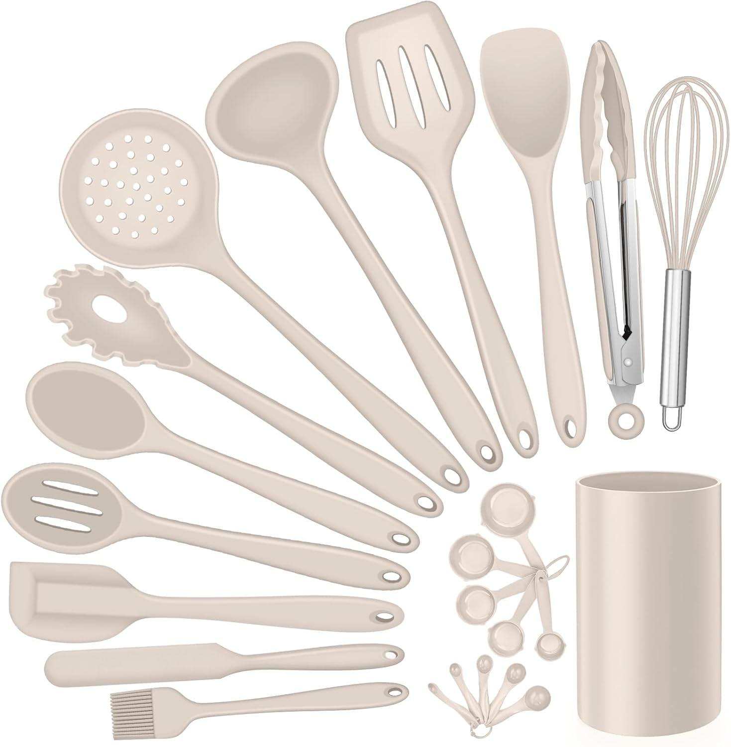 imageEfar Silicone Cooking Utensils Set 7Piece Black Heat Resistant Kitchen Utensils Set Kitchen Nonstick Tools Spatula Ladle Spoon Pasta Server for Nonstick Cookware NonToxic amp Dishwasher safeKhaki