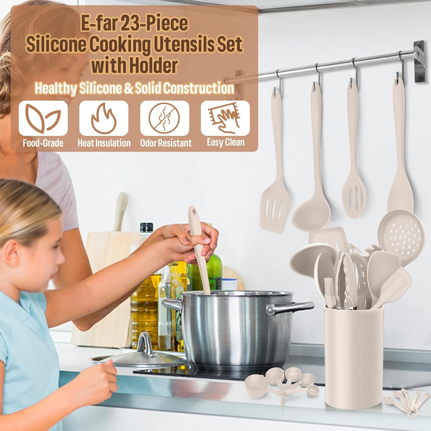 imageEfar Silicone Cooking Utensils Set 7Piece Black Heat Resistant Kitchen Utensils Set Kitchen Nonstick Tools Spatula Ladle Spoon Pasta Server for Nonstick Cookware NonToxic amp Dishwasher safeKhaki