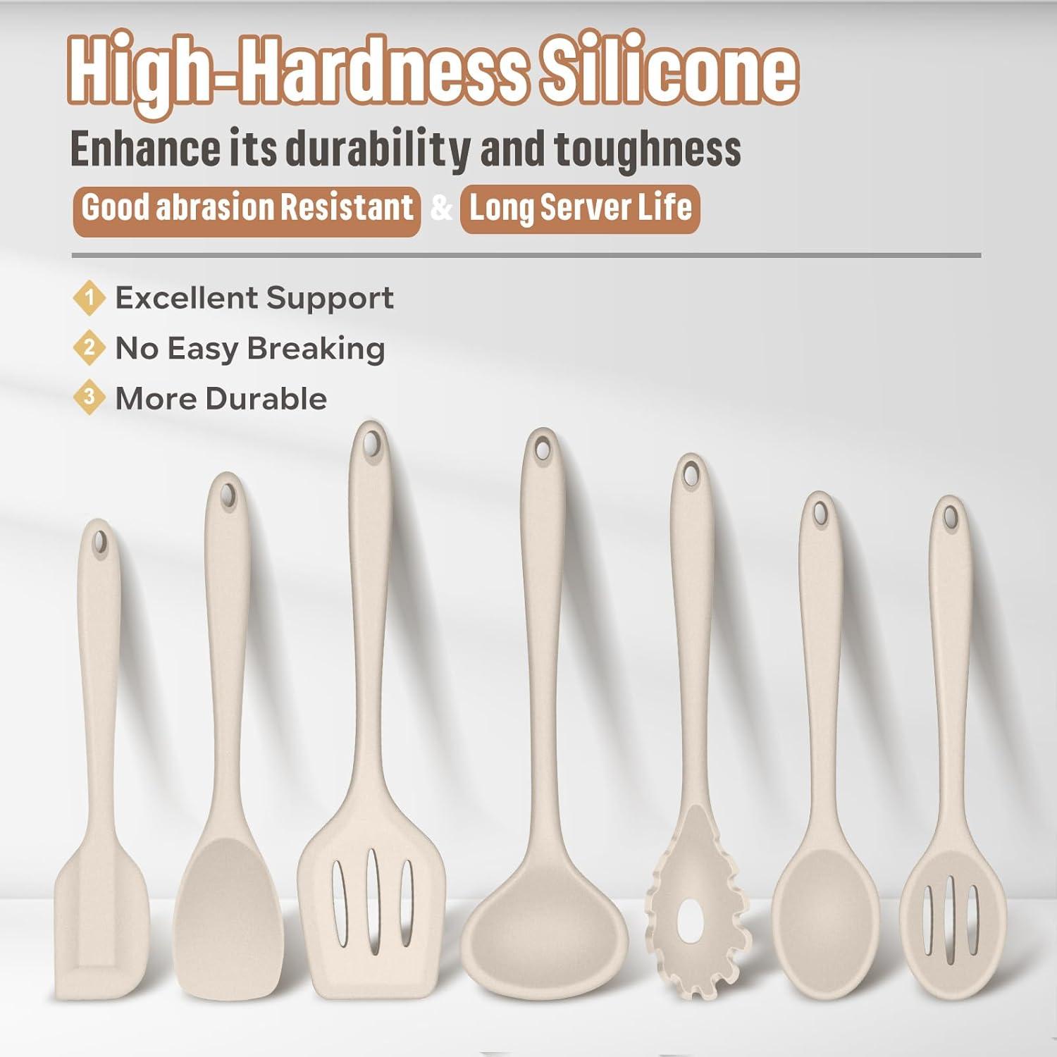 imageEfar Silicone Cooking Utensils Set 7Piece Black Heat Resistant Kitchen Utensils Set Kitchen Nonstick Tools Spatula Ladle Spoon Pasta Server for Nonstick Cookware NonToxic amp Dishwasher safeKhaki