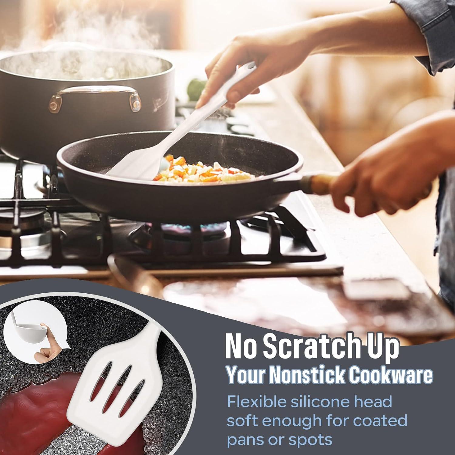 imageEfar Silicone Cooking Utensils Set 7Piece Black Heat Resistant Kitchen Utensils Set Kitchen Nonstick Tools Spatula Ladle Spoon Pasta Server for Nonstick Cookware NonToxic amp Dishwasher safeWhite