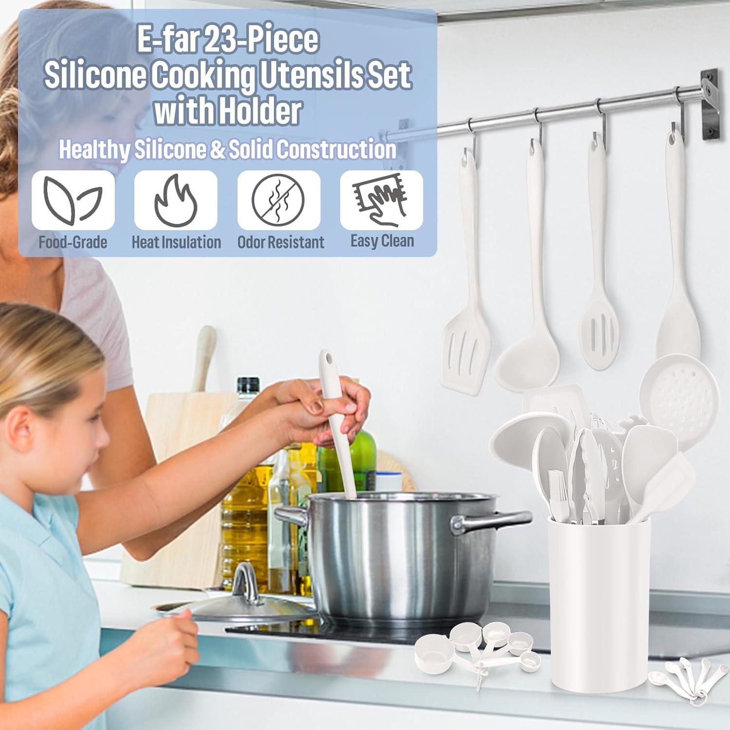 imageEfar Silicone Cooking Utensils Set 7Piece Black Heat Resistant Kitchen Utensils Set Kitchen Nonstick Tools Spatula Ladle Spoon Pasta Server for Nonstick Cookware NonToxic amp Dishwasher safeWhite