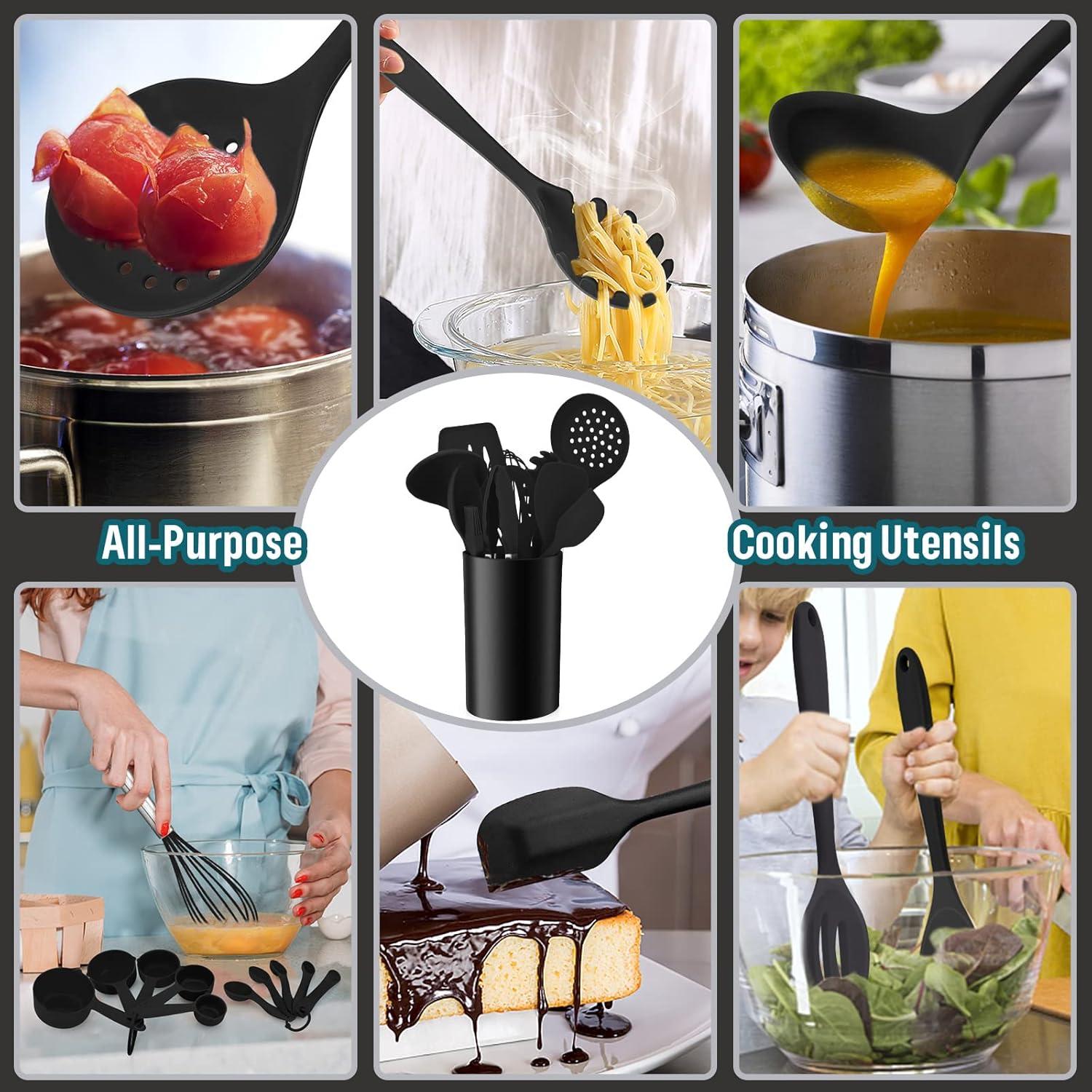 imageEfar Silicone Cooking Utensils Set 7Piece Black Heat Resistant Kitchen Utensils Set Kitchen Nonstick Tools Spatula Ladle Spoon Pasta Server for Nonstick Cookware NonToxic amp Dishwasher safeBlack