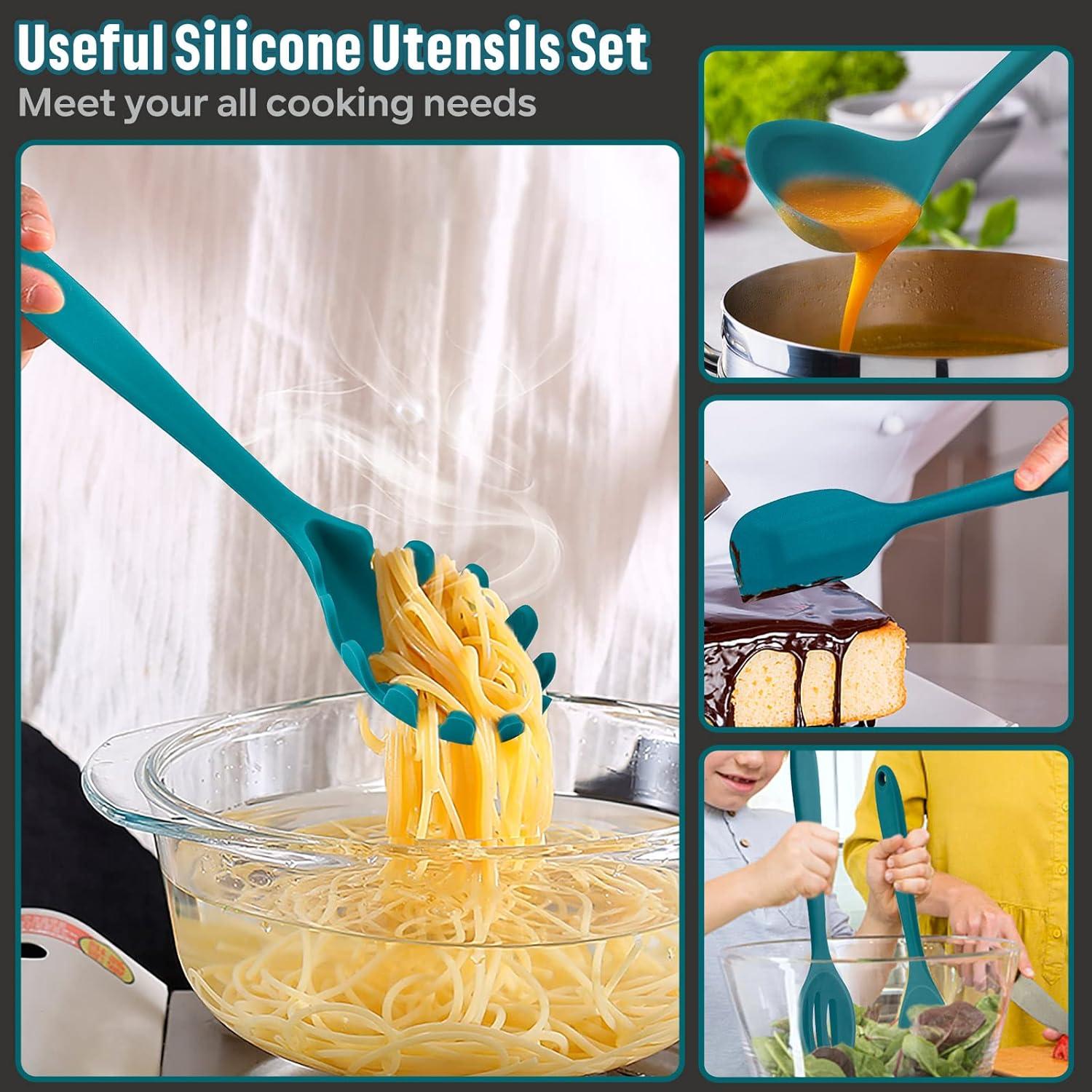 imageEfar Silicone Cooking Utensils Set 7Piece Black Heat Resistant Kitchen Utensils Set Kitchen Nonstick Tools Spatula Ladle Spoon Pasta Server for Nonstick Cookware NonToxic amp Dishwasher safeBlue