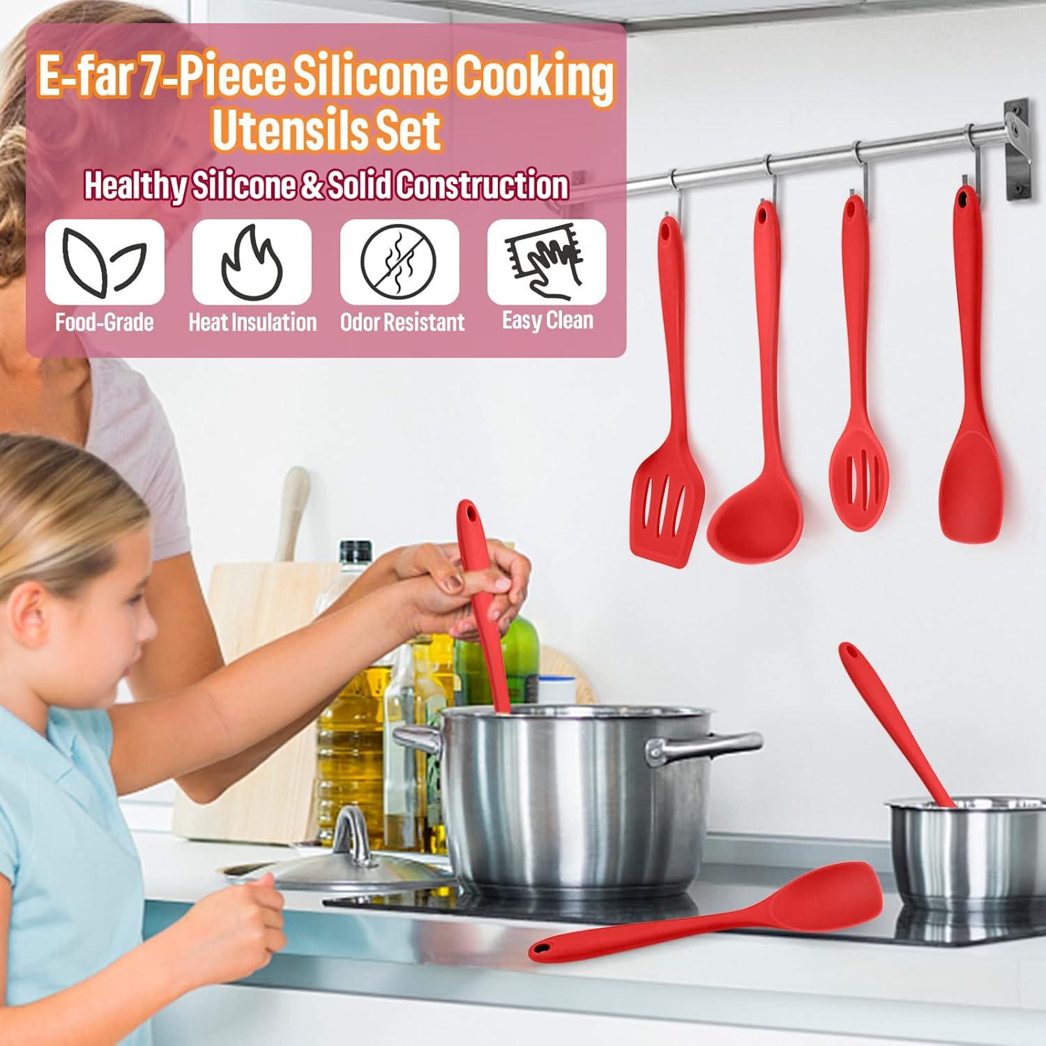 imageEfar Silicone Cooking Utensils Set 7Piece Black Heat Resistant Kitchen Utensils Set Kitchen Nonstick Tools Spatula Ladle Spoon Pasta Server for Nonstick Cookware NonToxic amp Dishwasher safeRed