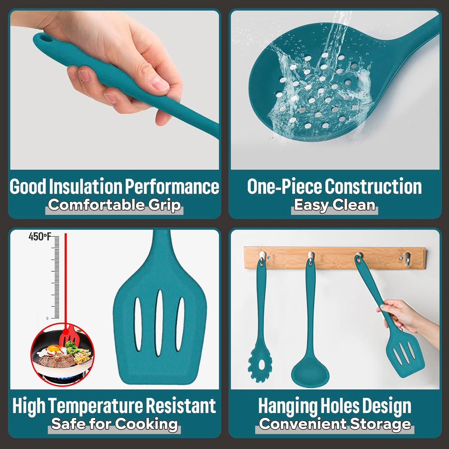 imageEfar Silicone Cooking Utensils Set 7Piece Black Heat Resistant Kitchen Utensils Set Kitchen Nonstick Tools Spatula Ladle Spoon Pasta Server for Nonstick Cookware NonToxic amp Dishwasher safeBlue