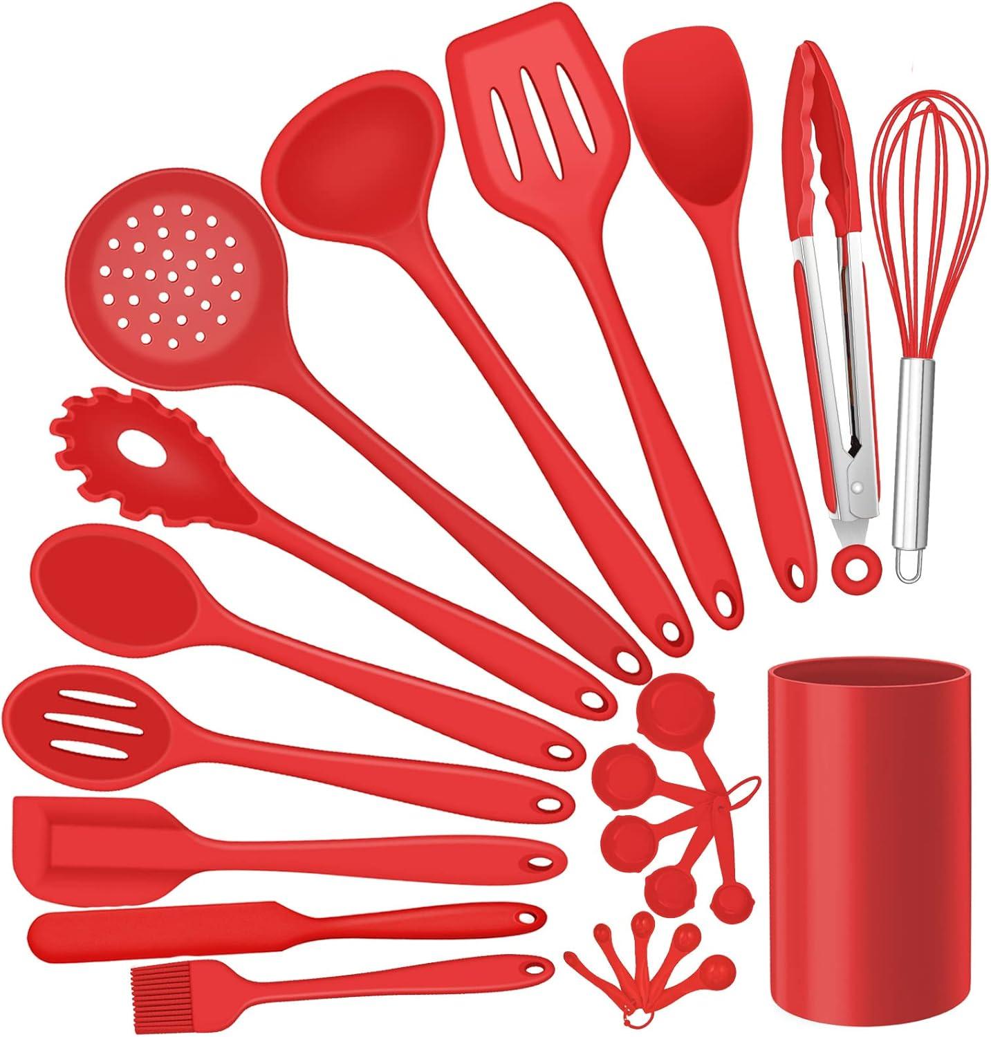 imageEfar Silicone Cooking Utensils Set 7Piece Black Heat Resistant Kitchen Utensils Set Kitchen Nonstick Tools Spatula Ladle Spoon Pasta Server for Nonstick Cookware NonToxic amp Dishwasher safeRed