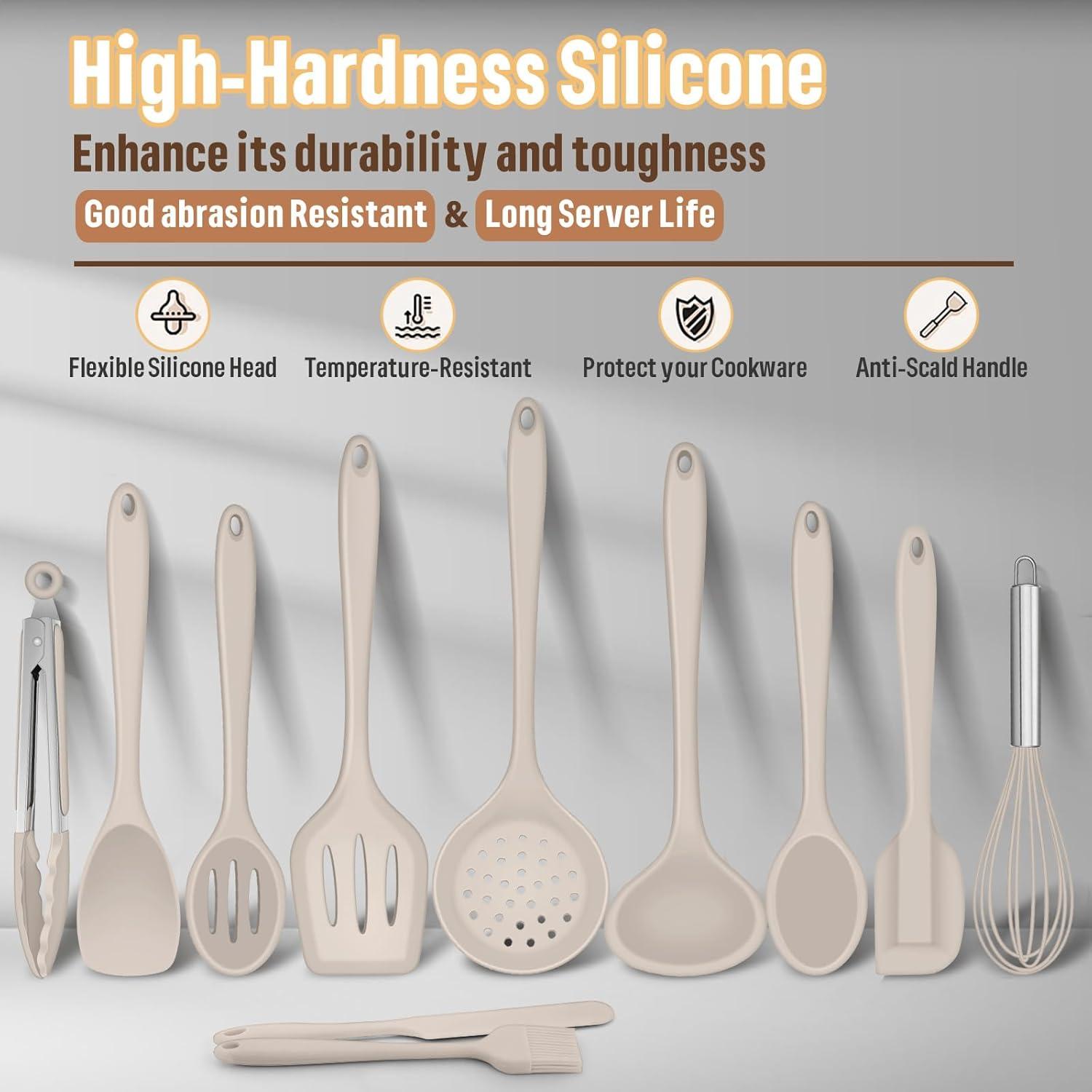 imageEfar Silicone Cooking Utensils Set 7Piece Black Heat Resistant Kitchen Utensils Set Kitchen Nonstick Tools Spatula Ladle Spoon Pasta Server for Nonstick Cookware NonToxic amp Dishwasher safeKhaki