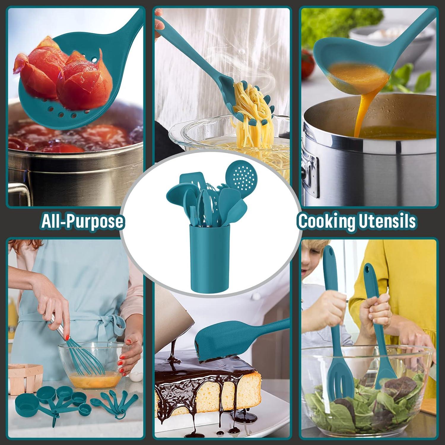 imageEfar Silicone Cooking Utensils Set 7Piece Black Heat Resistant Kitchen Utensils Set Kitchen Nonstick Tools Spatula Ladle Spoon Pasta Server for Nonstick Cookware NonToxic amp Dishwasher safeBlue