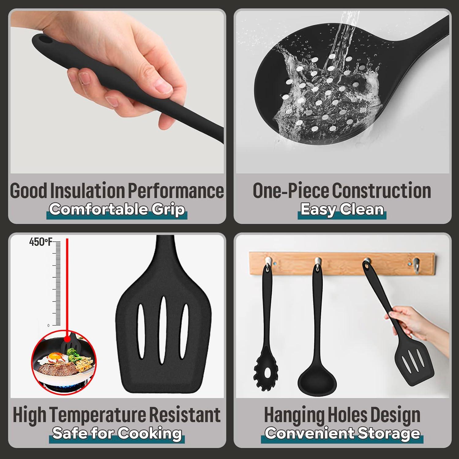 imageEfar Silicone Cooking Utensils Set 7Piece Black Heat Resistant Kitchen Utensils Set Kitchen Nonstick Tools Spatula Ladle Spoon Pasta Server for Nonstick Cookware NonToxic amp Dishwasher safeBlack