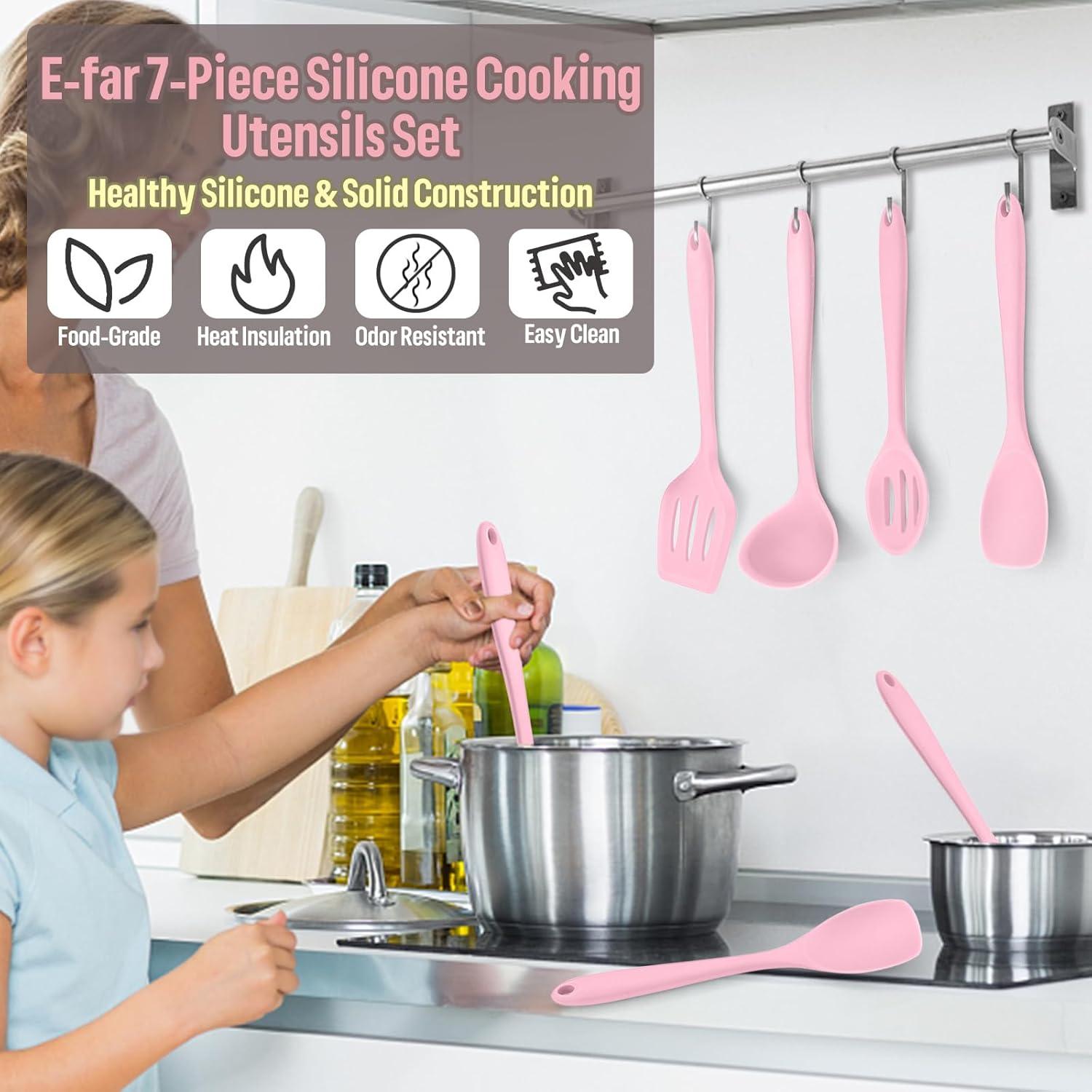 imageEfar Silicone Cooking Utensils Set 7Piece Black Heat Resistant Kitchen Utensils Set Kitchen Nonstick Tools Spatula Ladle Spoon Pasta Server for Nonstick Cookware NonToxic amp Dishwasher safePink