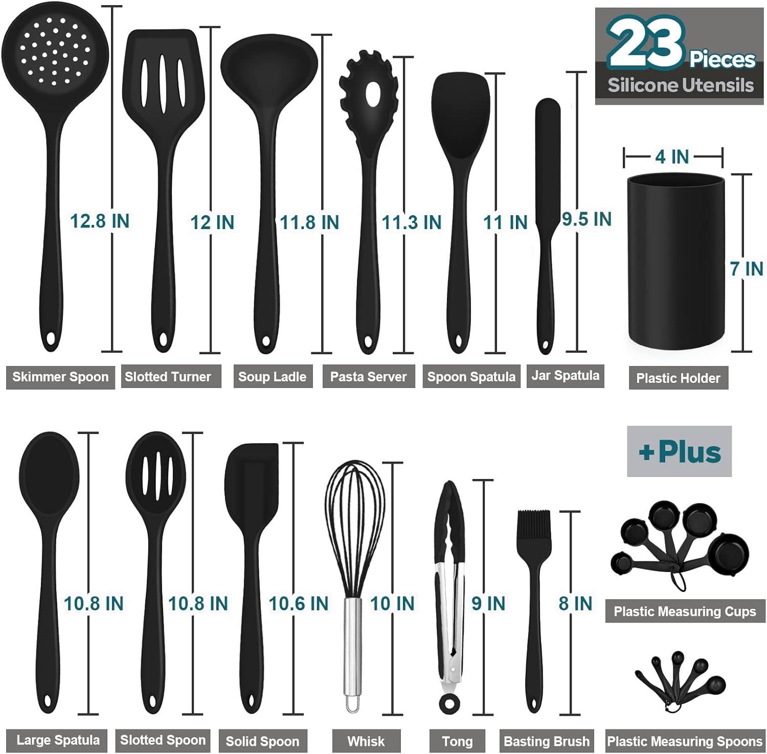 imageEfar Silicone Cooking Utensils Set 7Piece Black Heat Resistant Kitchen Utensils Set Kitchen Nonstick Tools Spatula Ladle Spoon Pasta Server for Nonstick Cookware NonToxic amp Dishwasher safeBlack