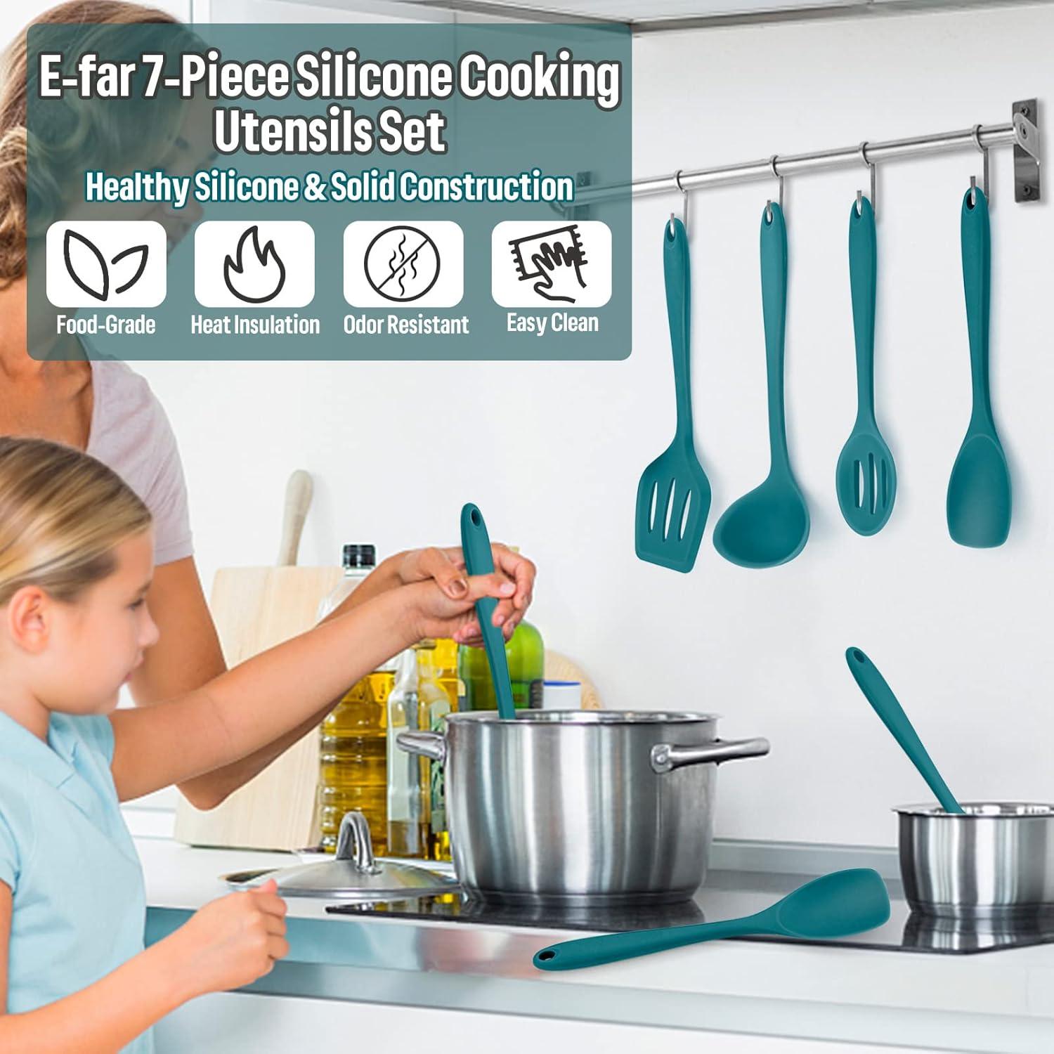 imageEfar Silicone Cooking Utensils Set 7Piece Black Heat Resistant Kitchen Utensils Set Kitchen Nonstick Tools Spatula Ladle Spoon Pasta Server for Nonstick Cookware NonToxic amp Dishwasher safeBlue