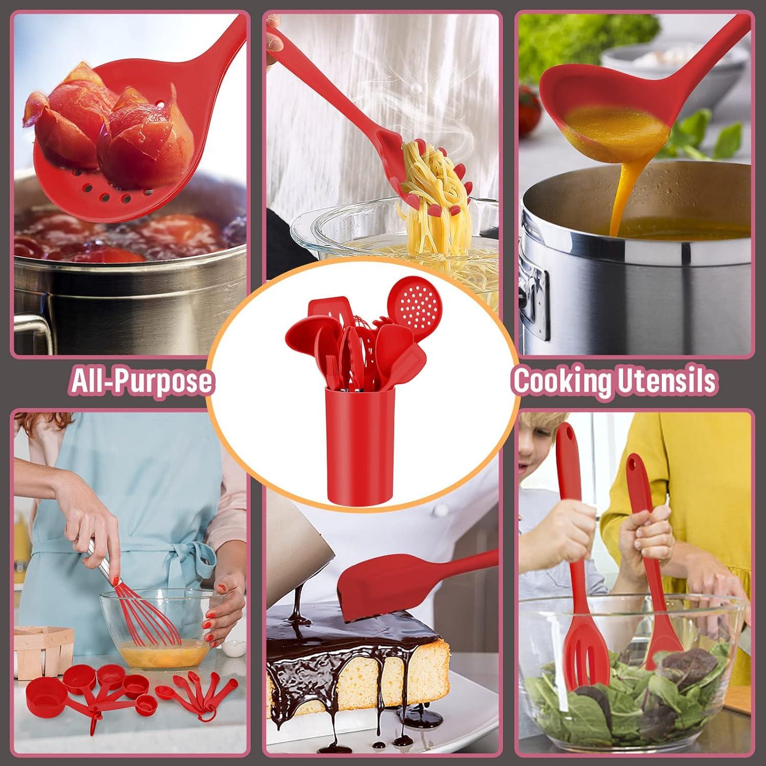 imageEfar Silicone Cooking Utensils Set 7Piece Black Heat Resistant Kitchen Utensils Set Kitchen Nonstick Tools Spatula Ladle Spoon Pasta Server for Nonstick Cookware NonToxic amp Dishwasher safeRed