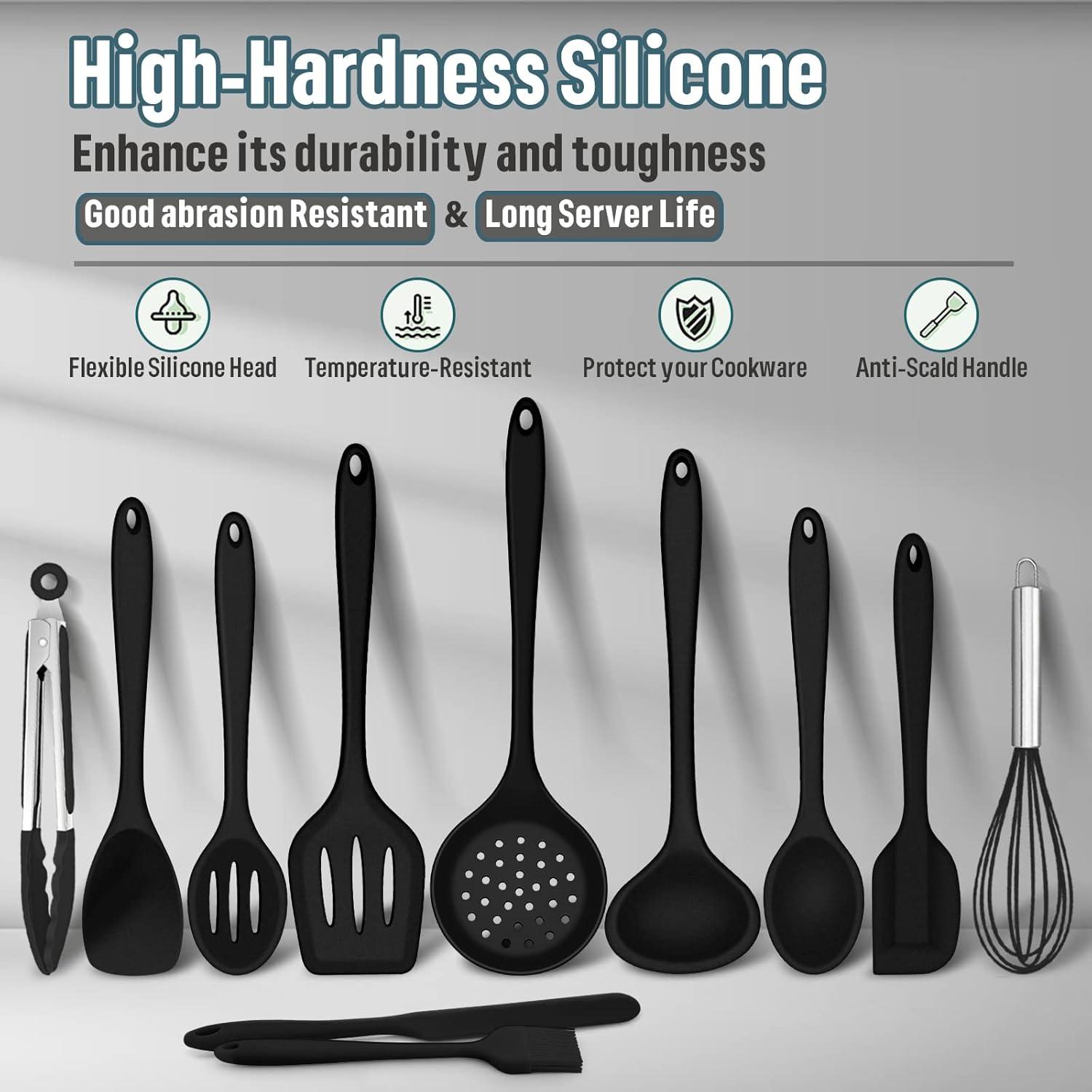 imageEfar Silicone Cooking Utensils Set 7Piece Black Heat Resistant Kitchen Utensils Set Kitchen Nonstick Tools Spatula Ladle Spoon Pasta Server for Nonstick Cookware NonToxic amp Dishwasher safeBlack