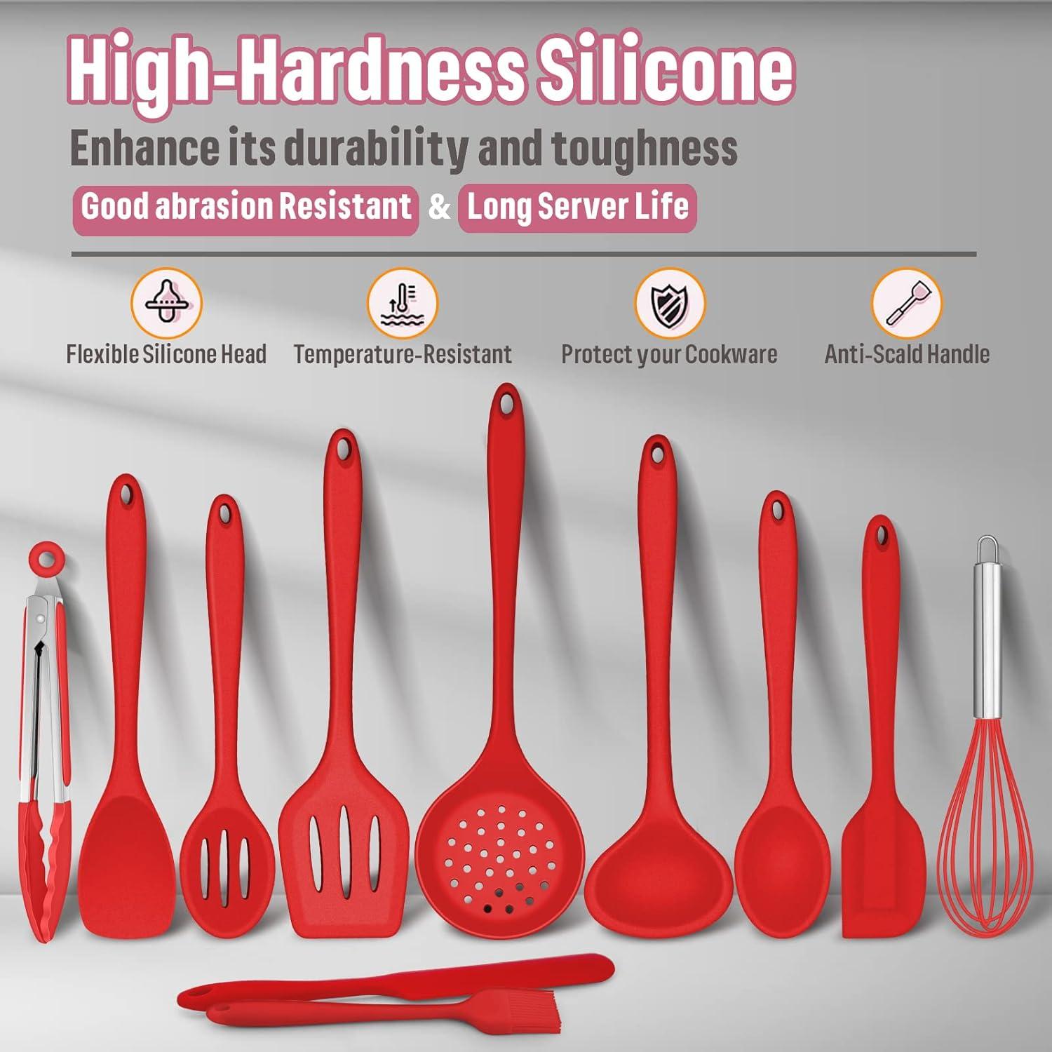 imageEfar Silicone Cooking Utensils Set 7Piece Black Heat Resistant Kitchen Utensils Set Kitchen Nonstick Tools Spatula Ladle Spoon Pasta Server for Nonstick Cookware NonToxic amp Dishwasher safeRed
