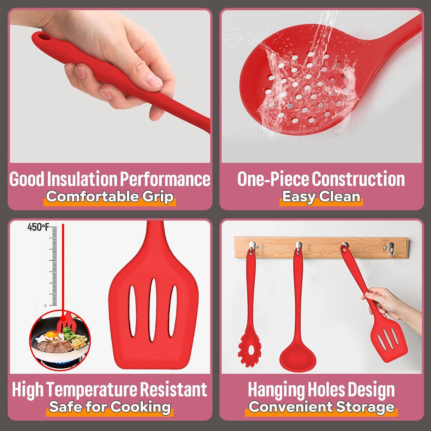 imageEfar Silicone Cooking Utensils Set 7Piece Black Heat Resistant Kitchen Utensils Set Kitchen Nonstick Tools Spatula Ladle Spoon Pasta Server for Nonstick Cookware NonToxic amp Dishwasher safeRed