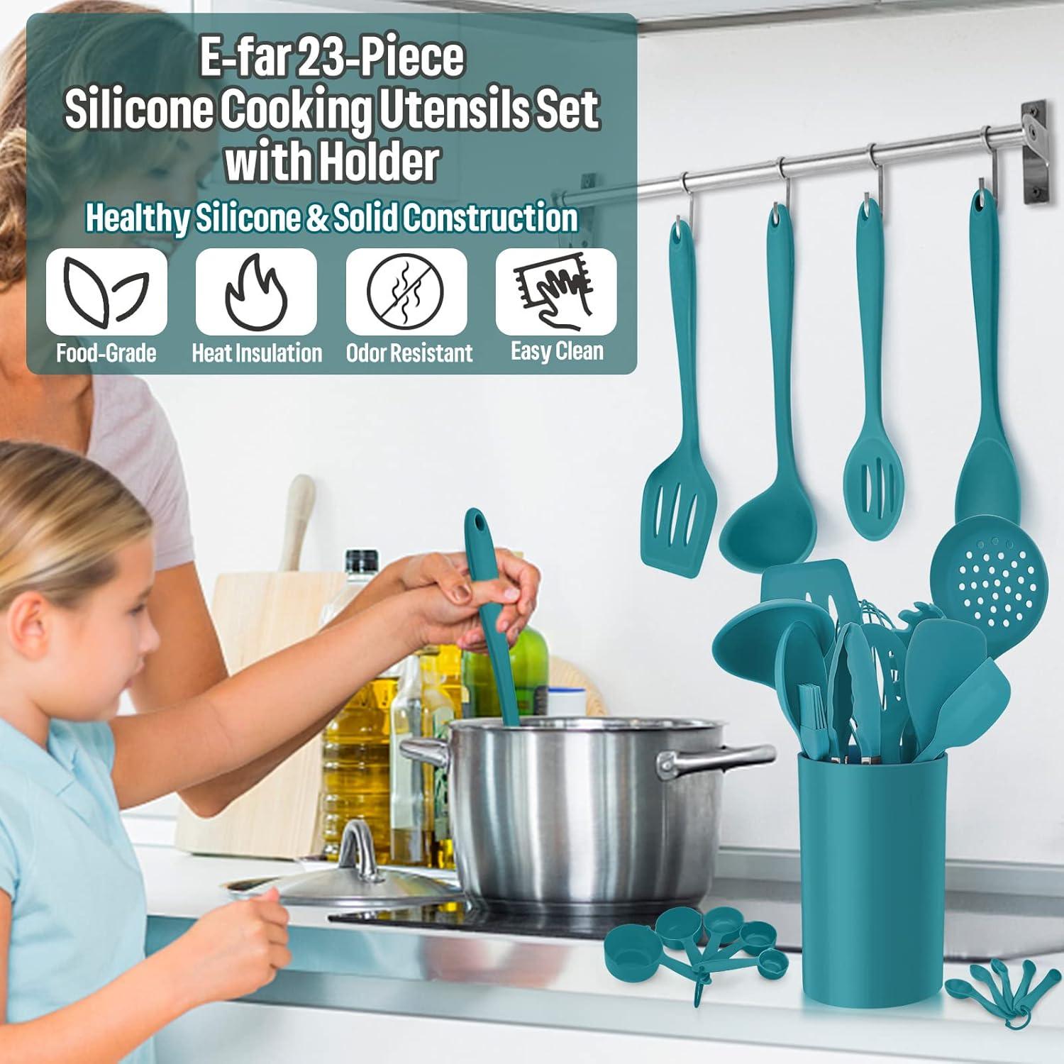 imageEfar Silicone Cooking Utensils Set 7Piece Black Heat Resistant Kitchen Utensils Set Kitchen Nonstick Tools Spatula Ladle Spoon Pasta Server for Nonstick Cookware NonToxic amp Dishwasher safeBlue