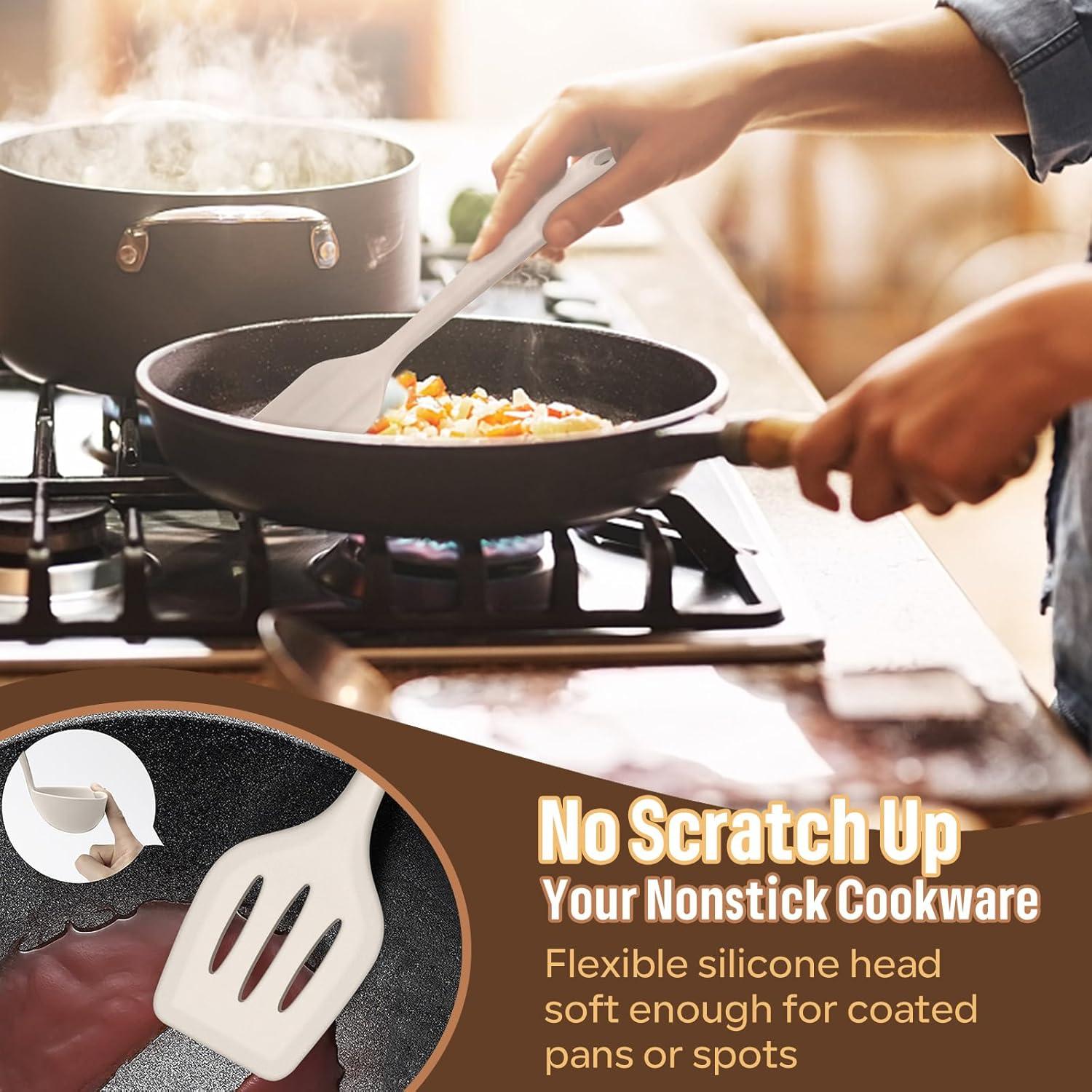 imageEfar Silicone Cooking Utensils Set 7Piece Black Heat Resistant Kitchen Utensils Set Kitchen Nonstick Tools Spatula Ladle Spoon Pasta Server for Nonstick Cookware NonToxic amp Dishwasher safeKhaki