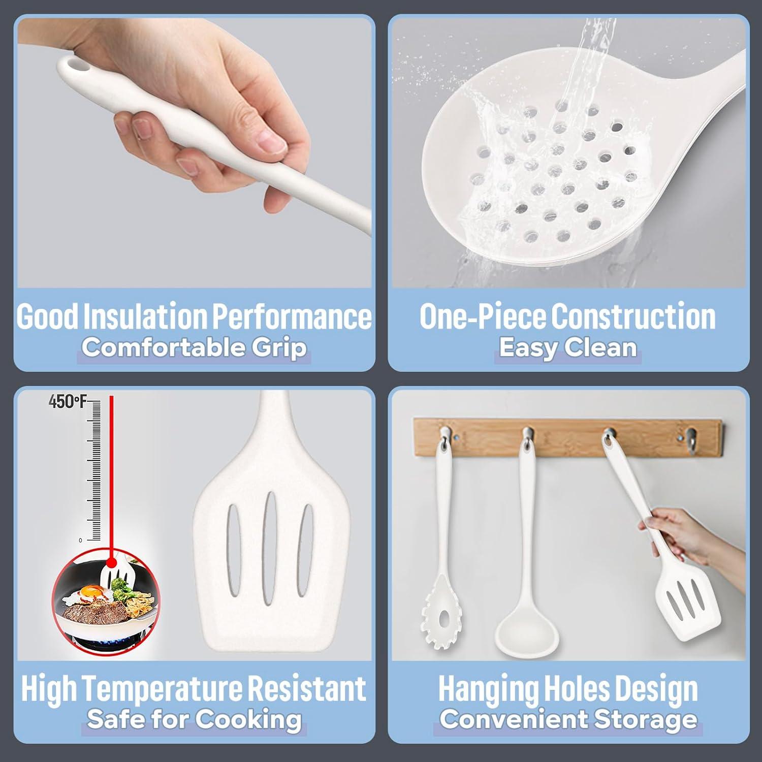 imageEfar Silicone Cooking Utensils Set 7Piece Black Heat Resistant Kitchen Utensils Set Kitchen Nonstick Tools Spatula Ladle Spoon Pasta Server for Nonstick Cookware NonToxic amp Dishwasher safeWhite
