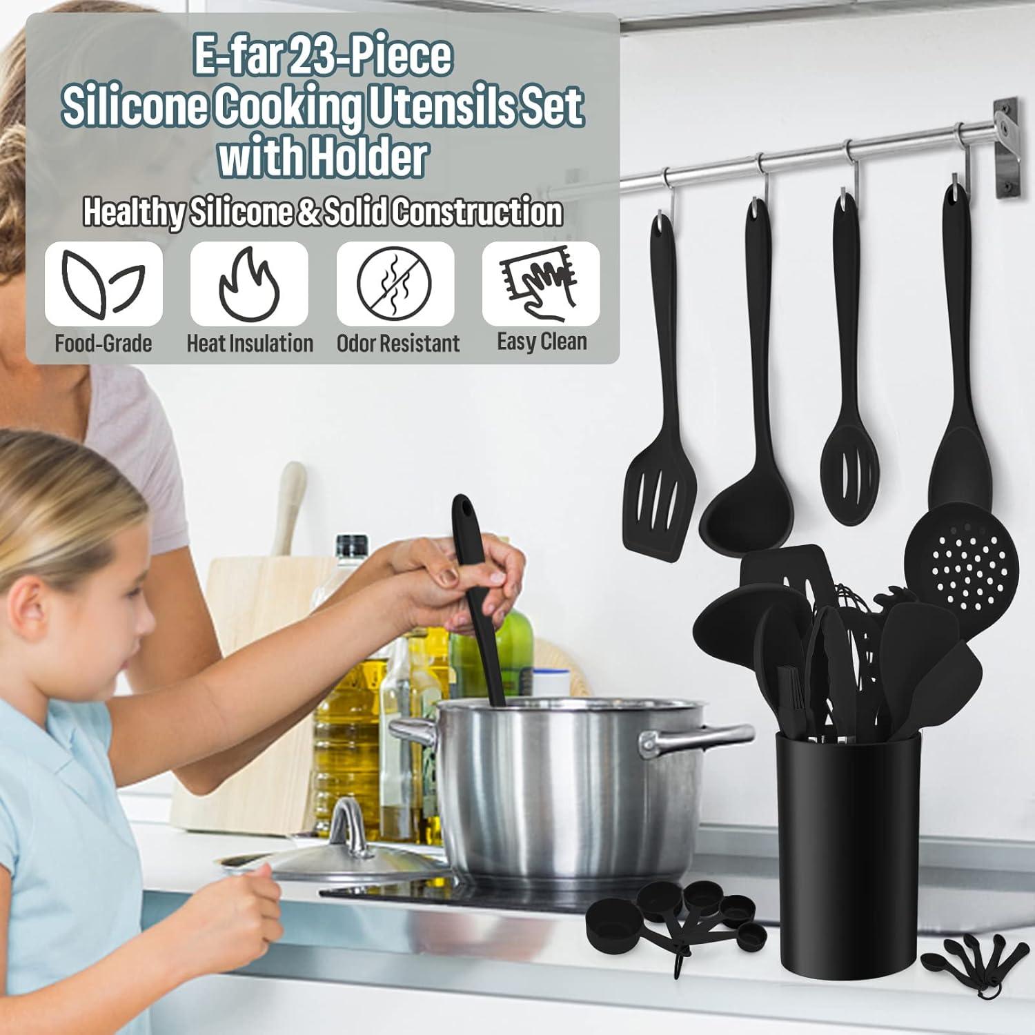 imageEfar Silicone Cooking Utensils Set 7Piece Black Heat Resistant Kitchen Utensils Set Kitchen Nonstick Tools Spatula Ladle Spoon Pasta Server for Nonstick Cookware NonToxic amp Dishwasher safeBlack