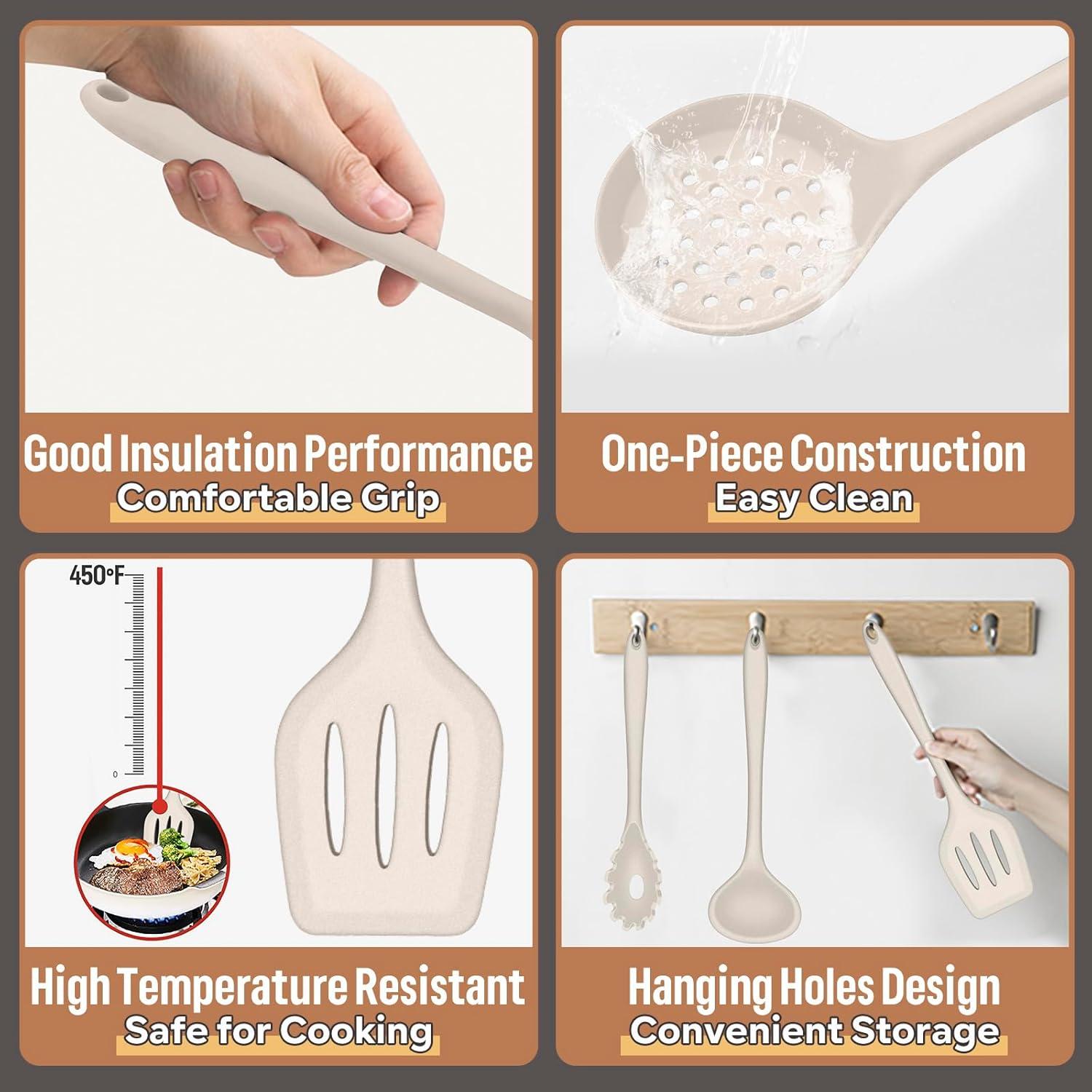 imageEfar Silicone Cooking Utensils Set 7Piece Black Heat Resistant Kitchen Utensils Set Kitchen Nonstick Tools Spatula Ladle Spoon Pasta Server for Nonstick Cookware NonToxic amp Dishwasher safeKhaki