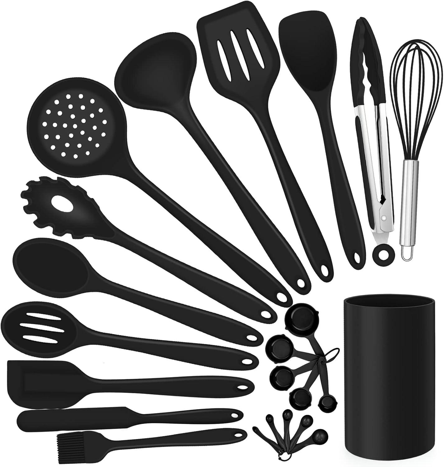 imageEfar Silicone Cooking Utensils Set 7Piece Black Heat Resistant Kitchen Utensils Set Kitchen Nonstick Tools Spatula Ladle Spoon Pasta Server for Nonstick Cookware NonToxic amp Dishwasher safeBlack
