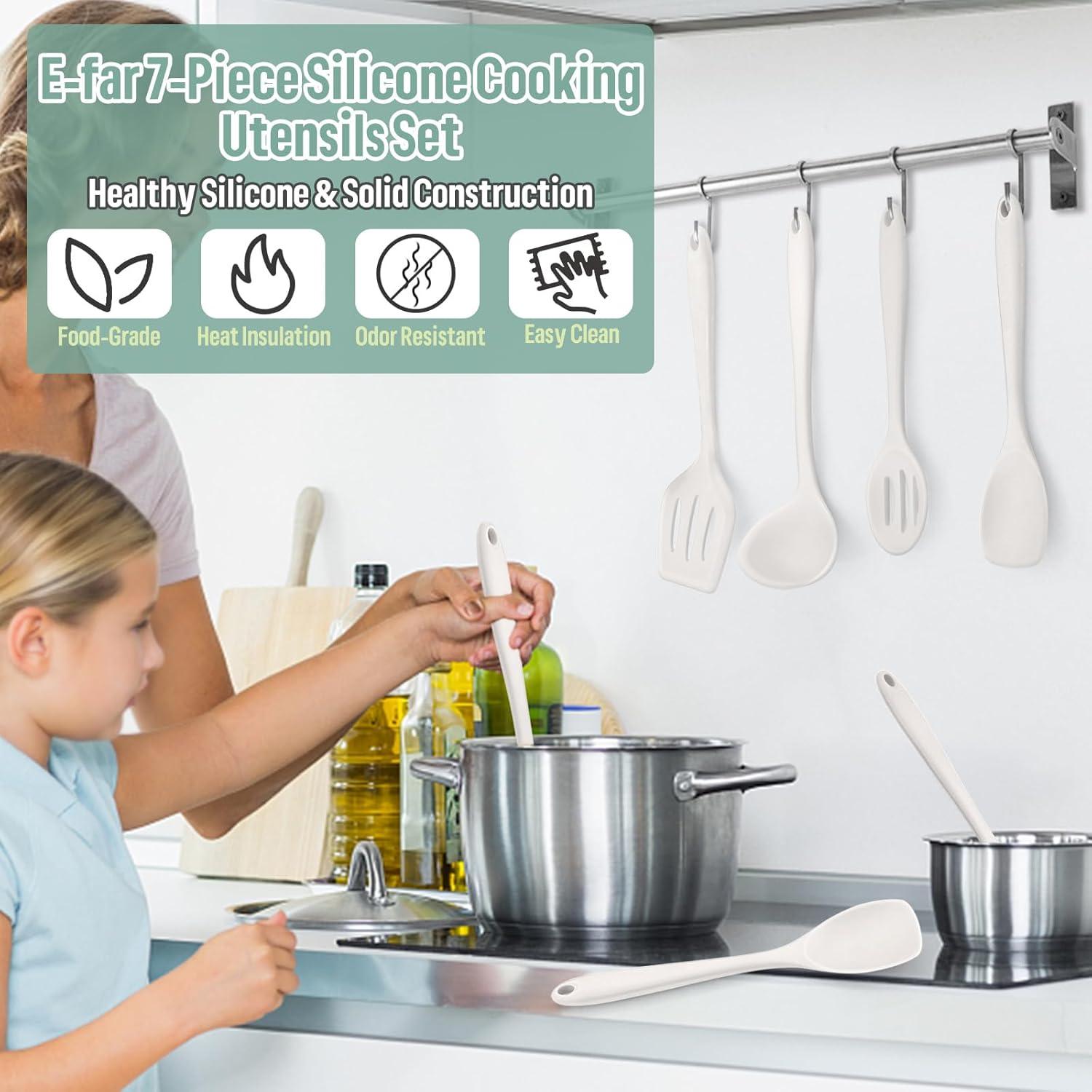imageEfar Silicone Cooking Utensils Set 7Piece Black Heat Resistant Kitchen Utensils Set Kitchen Nonstick Tools Spatula Ladle Spoon Pasta Server for Nonstick Cookware NonToxic amp Dishwasher safeWhite