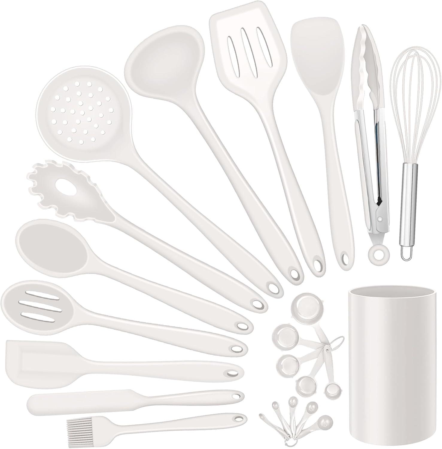 imageEfar Silicone Cooking Utensils Set 7Piece Black Heat Resistant Kitchen Utensils Set Kitchen Nonstick Tools Spatula Ladle Spoon Pasta Server for Nonstick Cookware NonToxic amp Dishwasher safeWhite