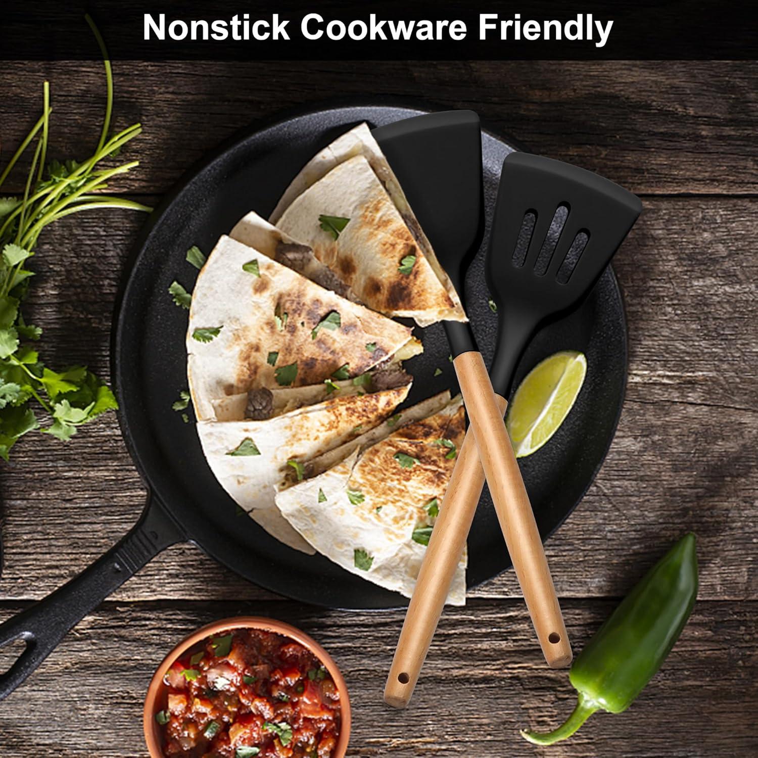 imageEfar Silicone Spatula Turner 2 Pack Heat Resistant Kitchen Spatulas for Nonstick Cookware Rubber Solid Slotted Spatula Cooking Utensils for Fish Eggs Pancakes BlackBlack