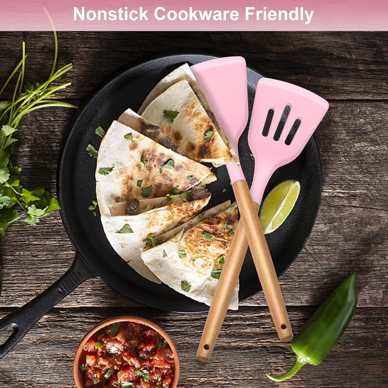 imageEfar Silicone Spatula Turner 2 Pack Heat Resistant Kitchen Spatulas for Nonstick Cookware Rubber Solid Slotted Spatula Cooking Utensils for Fish Eggs Pancakes BlackPink