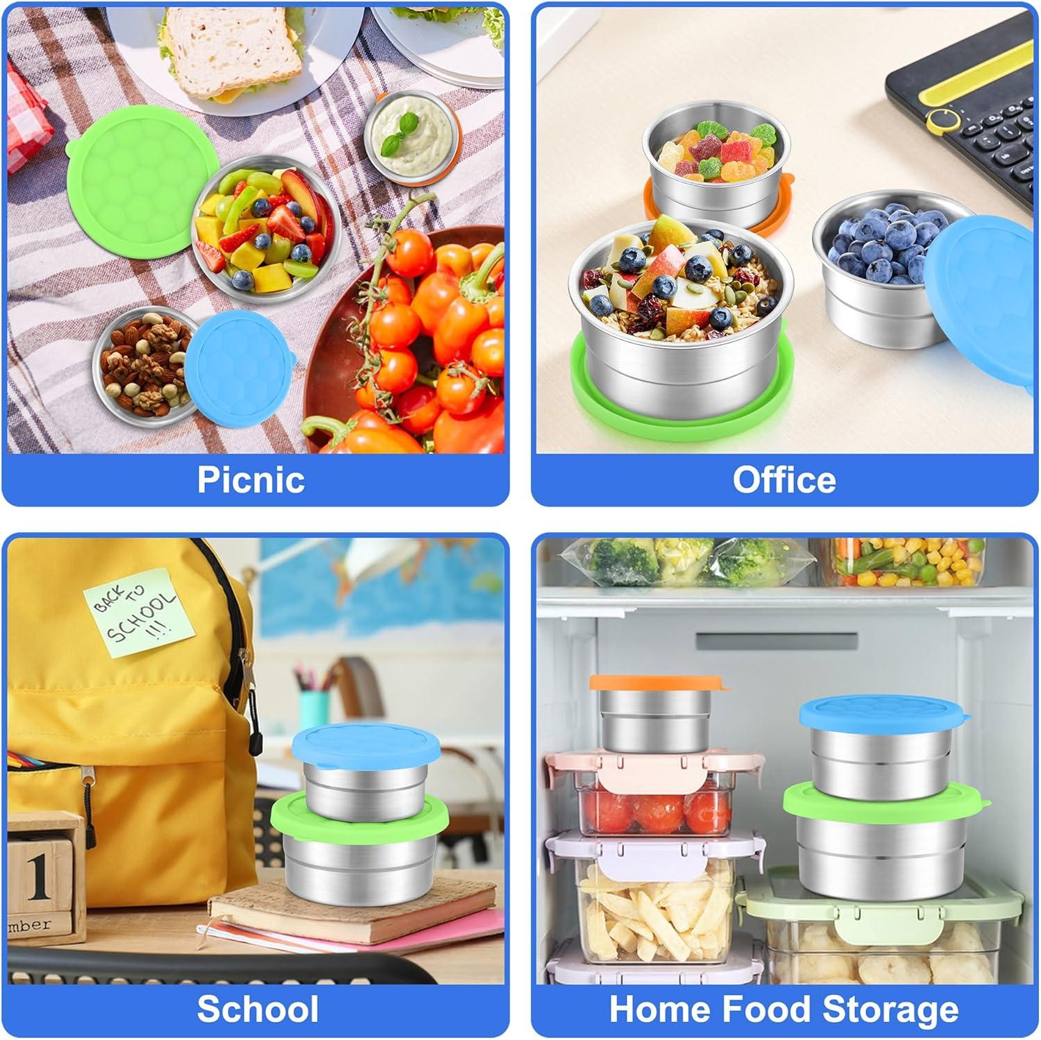 imageEfar Snack Containers with Lid Set of 3 3 6 129oz Stainless Steel Food Container for Kids Toddlers Adults Round Metal Reusable Food Storage Box for Daycare School Leak Proof amp StackableGreen Blue Orange