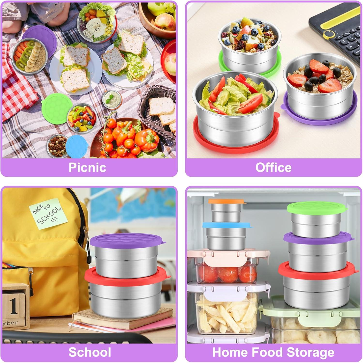 imageEfar Snack Containers with Lid Set of 3 3 6 129oz Stainless Steel Food Container for Kids Toddlers Adults Round Metal Reusable Food Storage Box for Daycare School Leak Proof amp StackableRed Purple Green Blue Orange