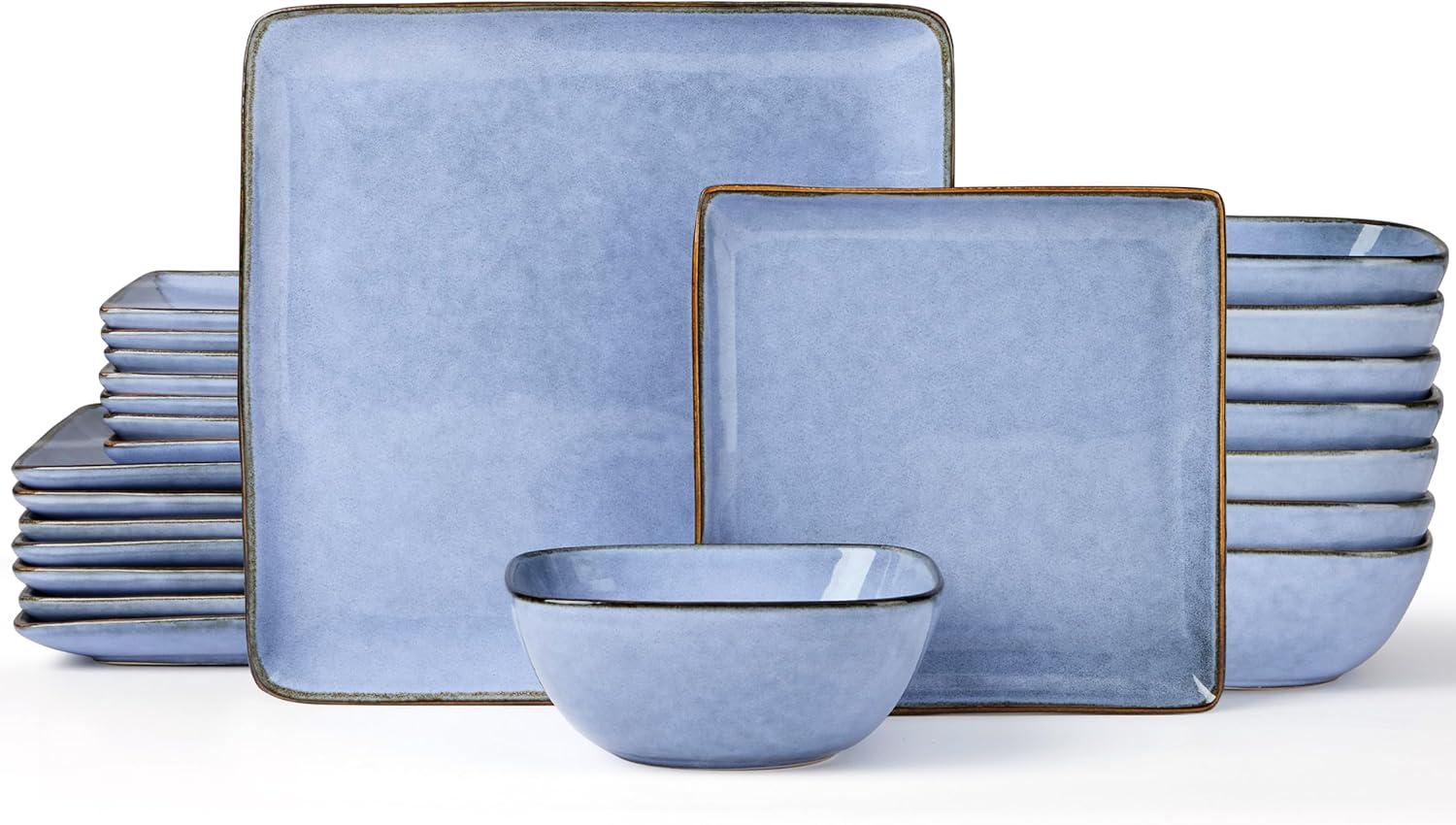 imageEfar Square Plates and Bowls Sets 12Piece Stoneware Dinnerware Sets for 4 Reactive Glaze Dish Set Chip and Scratch Resistant Microwave and Dishwasher Safe Deep Sea BlueOcean Blue