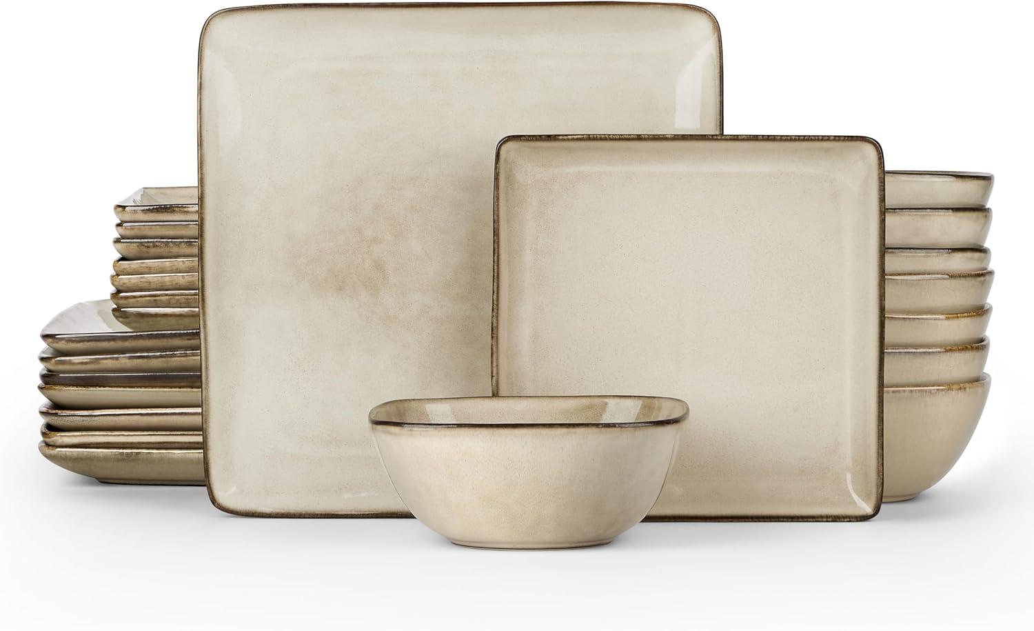 imageEfar Square Plates and Bowls Sets 12Piece Stoneware Dinnerware Sets for 4 Reactive Glaze Dish Set Chip and Scratch Resistant Microwave and Dishwasher Safe Deep Sea BlueSandy Beige