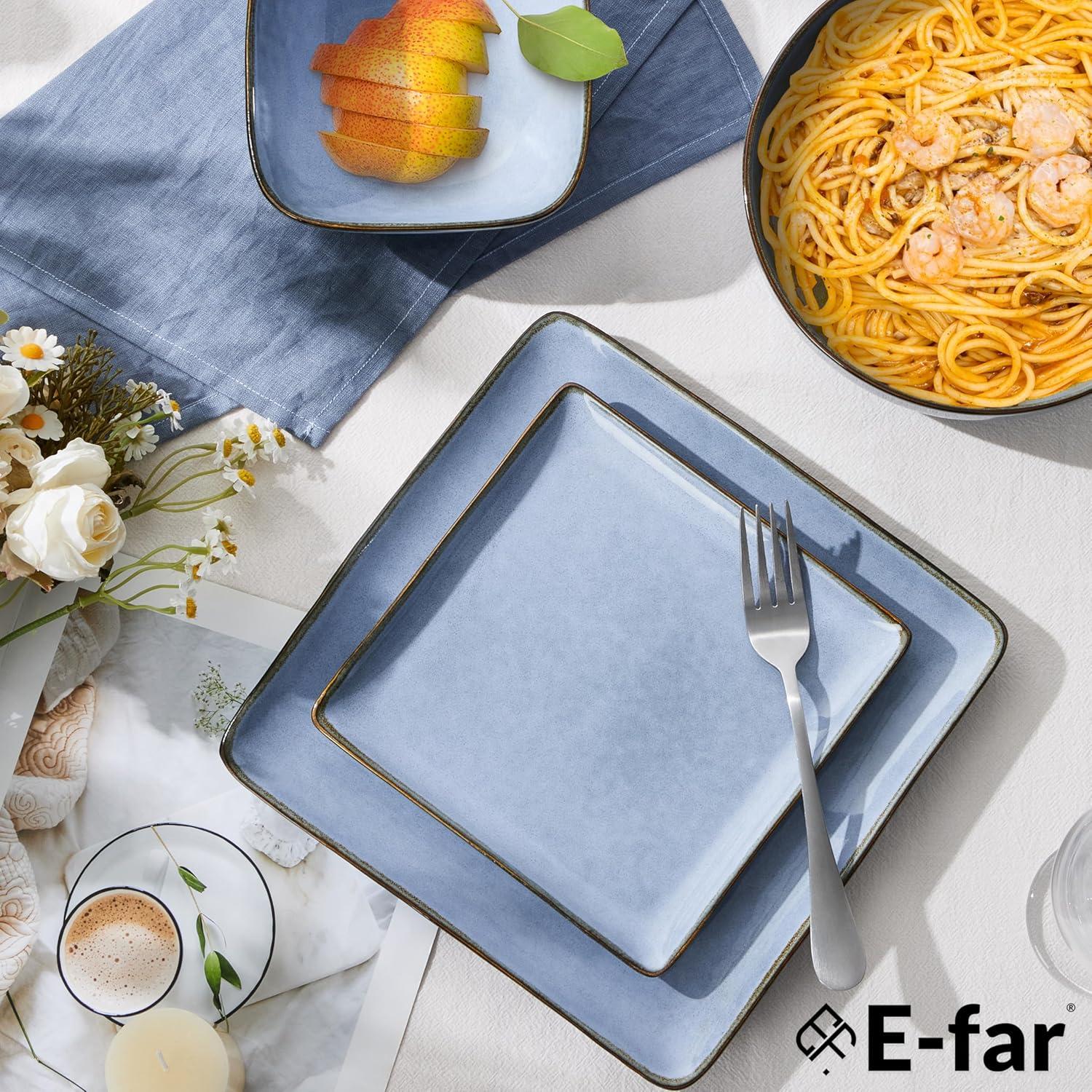 imageEfar Square Plates and Bowls Sets 12Piece Stoneware Dinnerware Sets for 4 Reactive Glaze Dish Set Chip and Scratch Resistant Microwave and Dishwasher Safe Deep Sea BlueOcean Blue