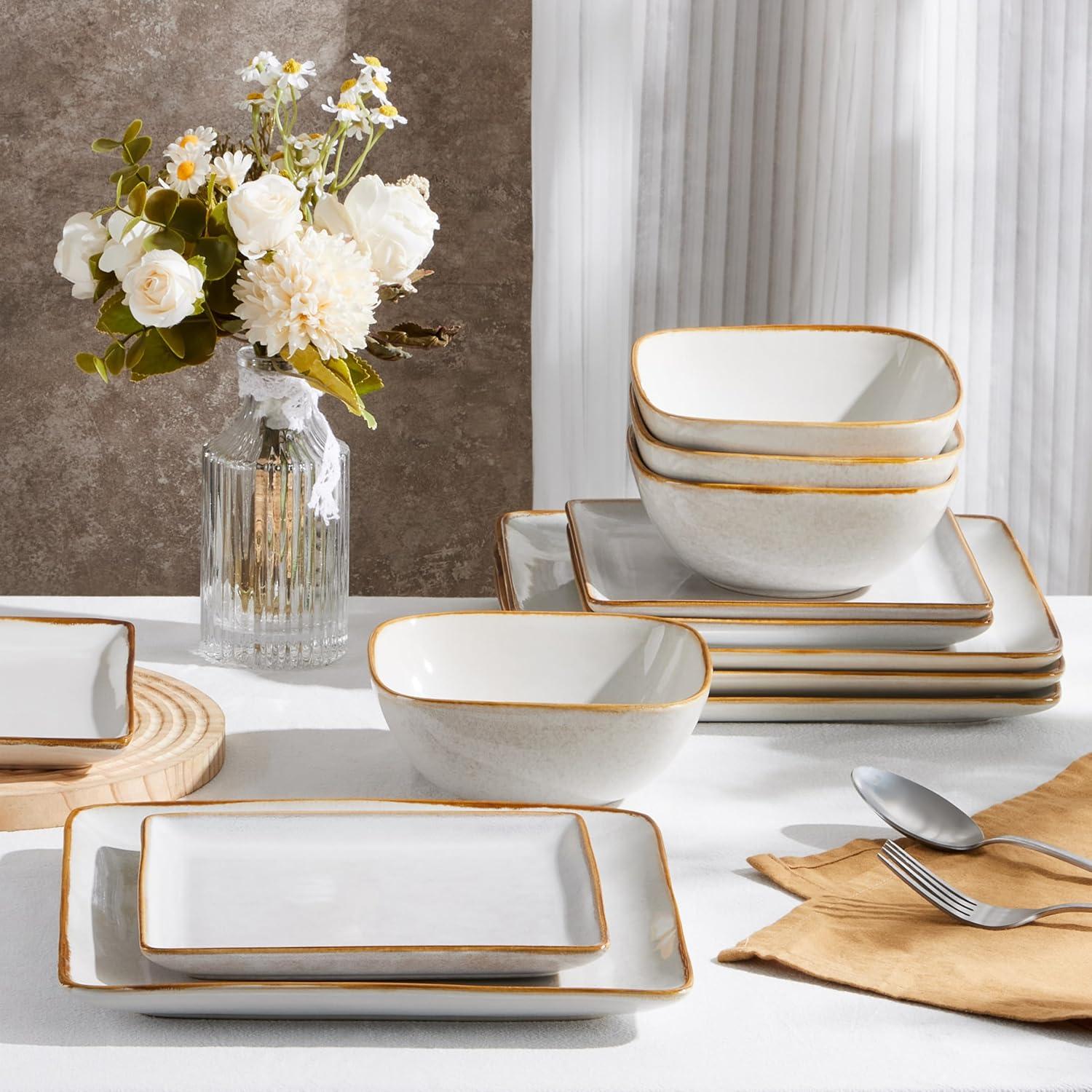imageEfar Square Plates and Bowls Sets 12Piece Stoneware Dinnerware Sets for 4 Reactive Glaze Dish Set Chip and Scratch Resistant Microwave and Dishwasher Safe Deep Sea BlueSeashell White